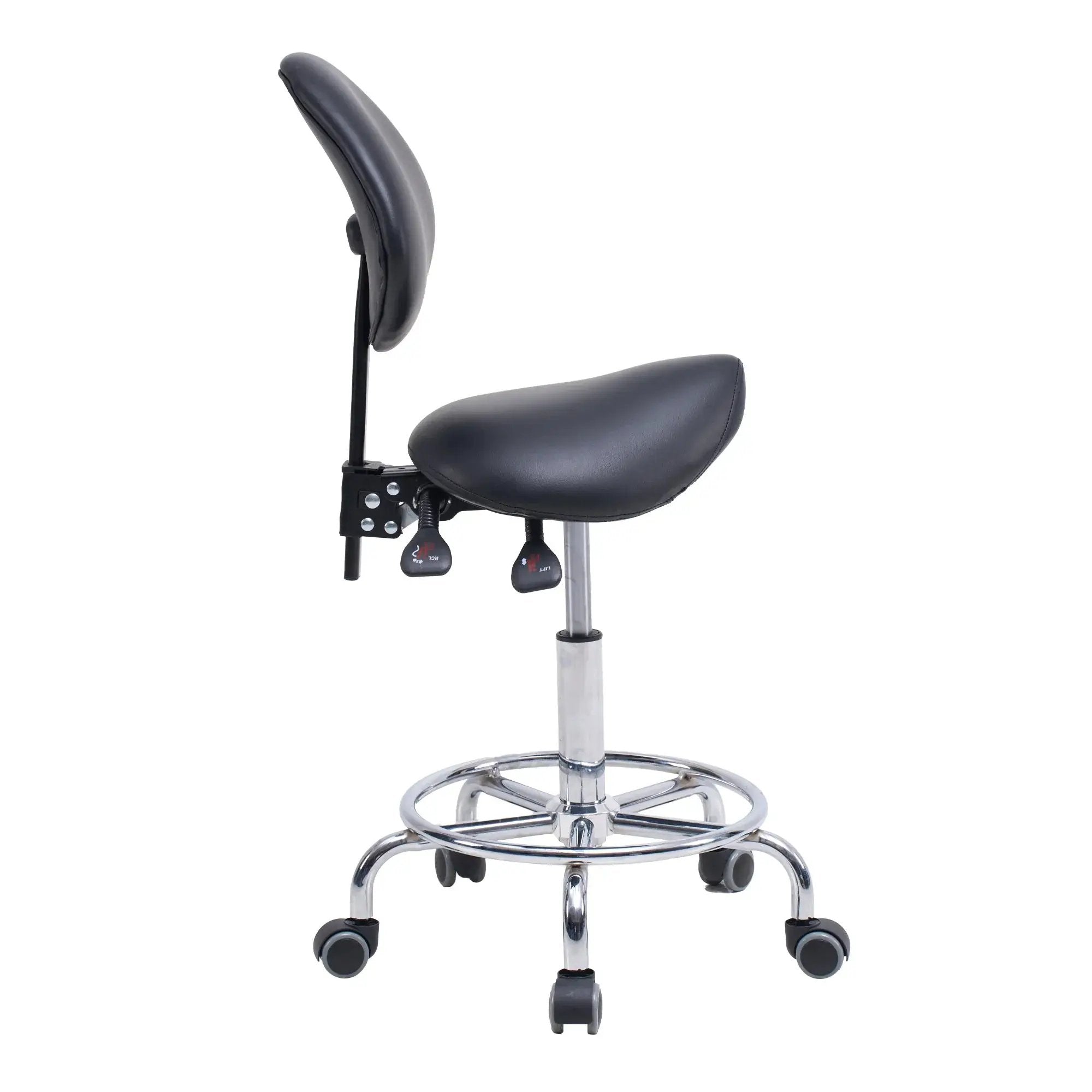 GiGA ergonomic saddle stool chair with backrest, swivel, hydraulic tilt, and wheels, designed for office comfort and support.