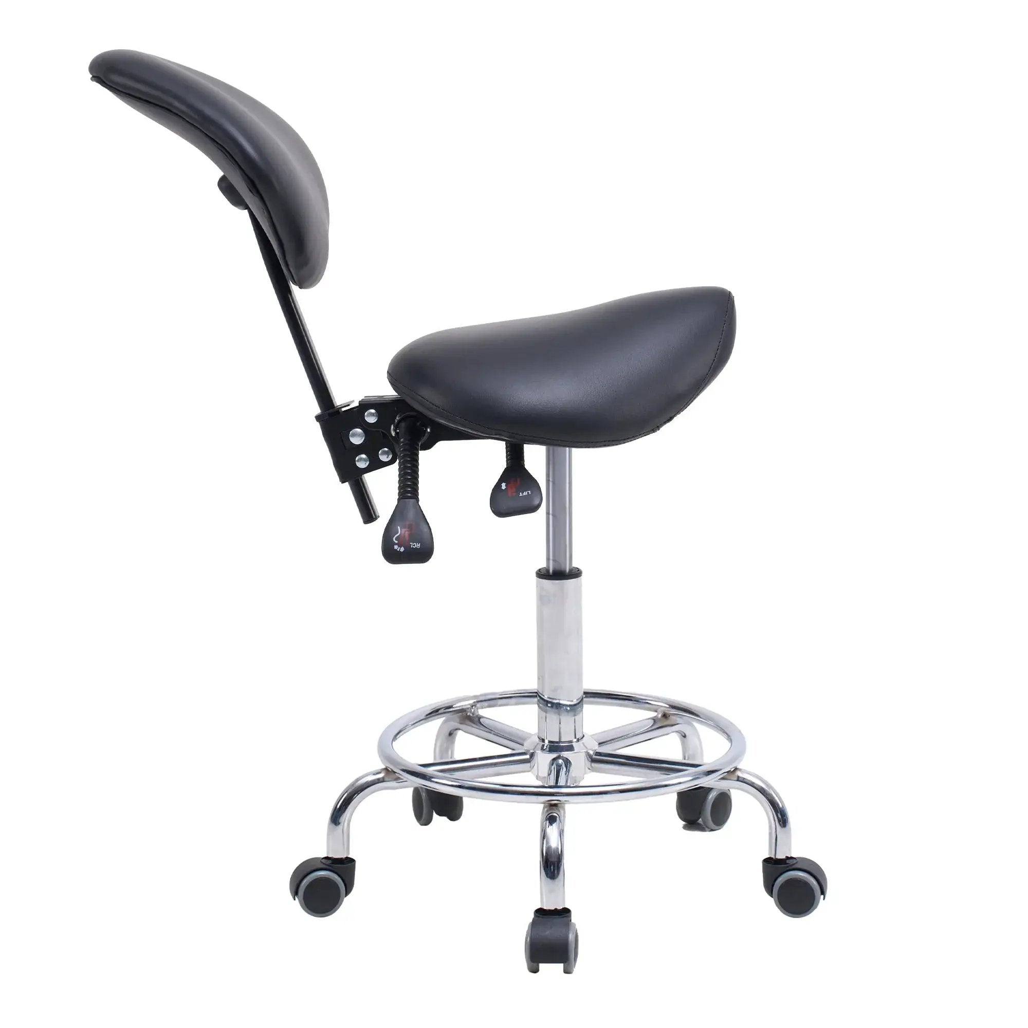 GiGA ergonomic saddle stool chair with backrest, swivel seat, hydraulic tilt, and wheels for office comfort and support.