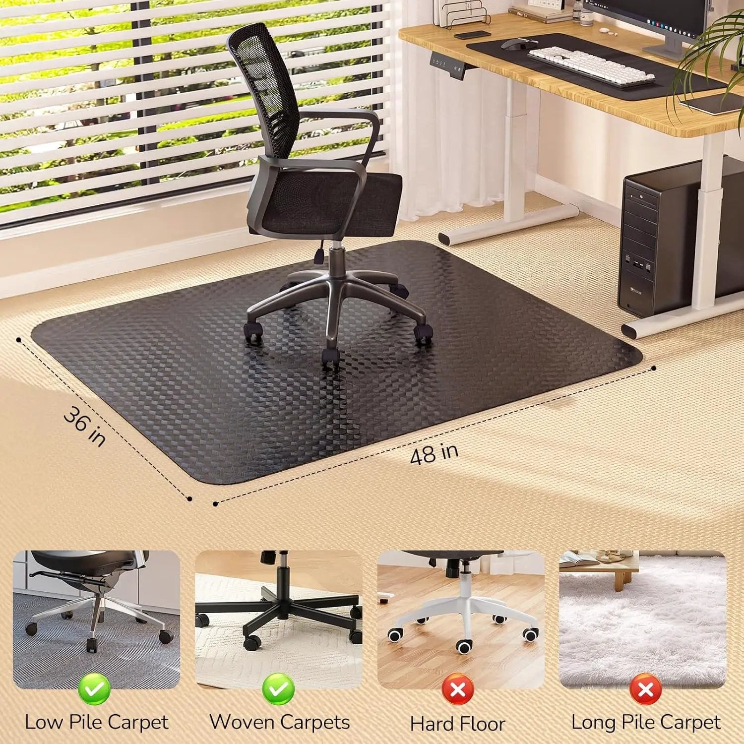 Gleelake heavy-duty clear chair mat with lip, designed for low pile carpet, featuring smooth glide for easy movement.