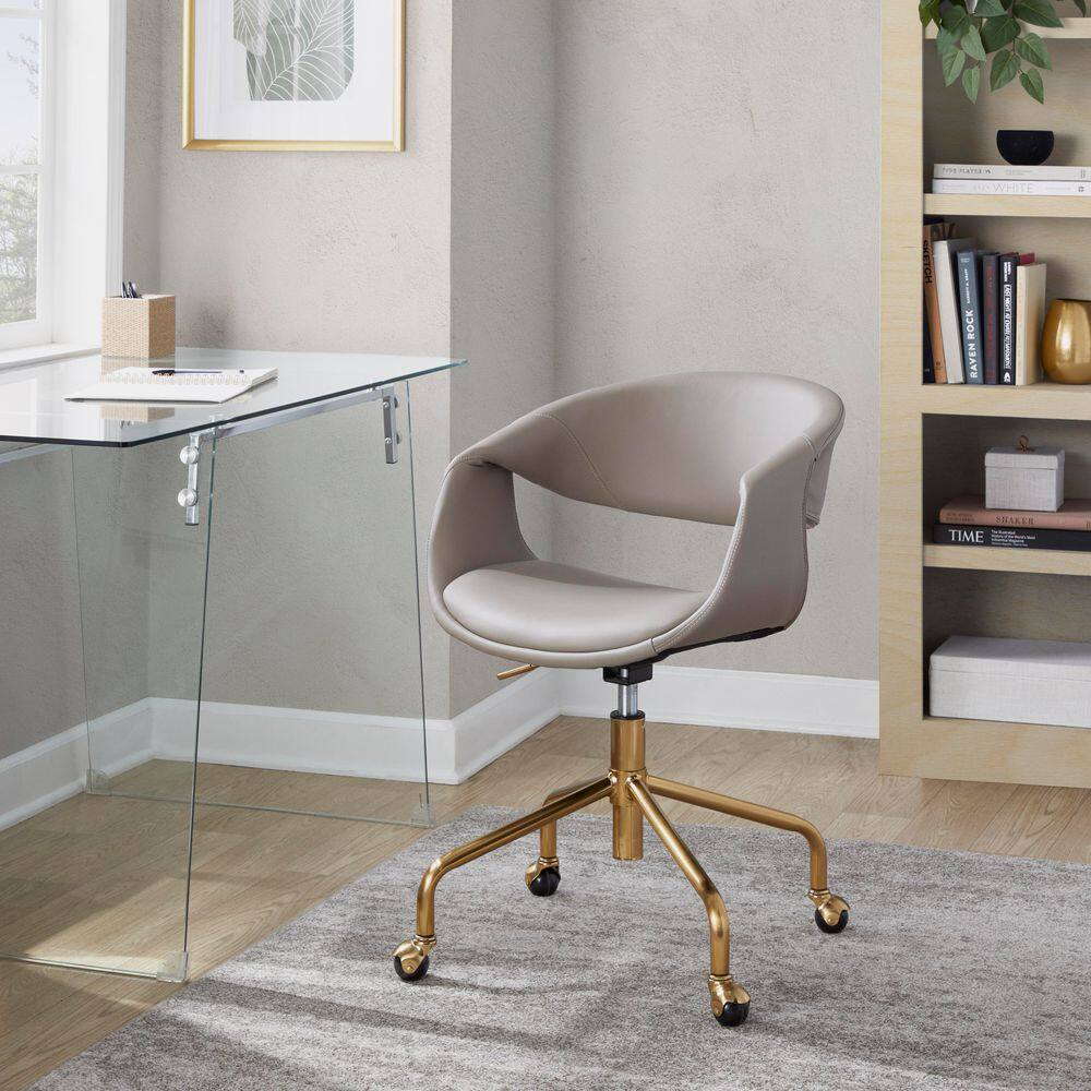Light Grey Faux Leather Task Chair with Gold Swivel Base