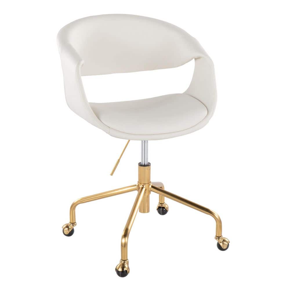 White Faux Leather Task Chair with Gold Swivel Base