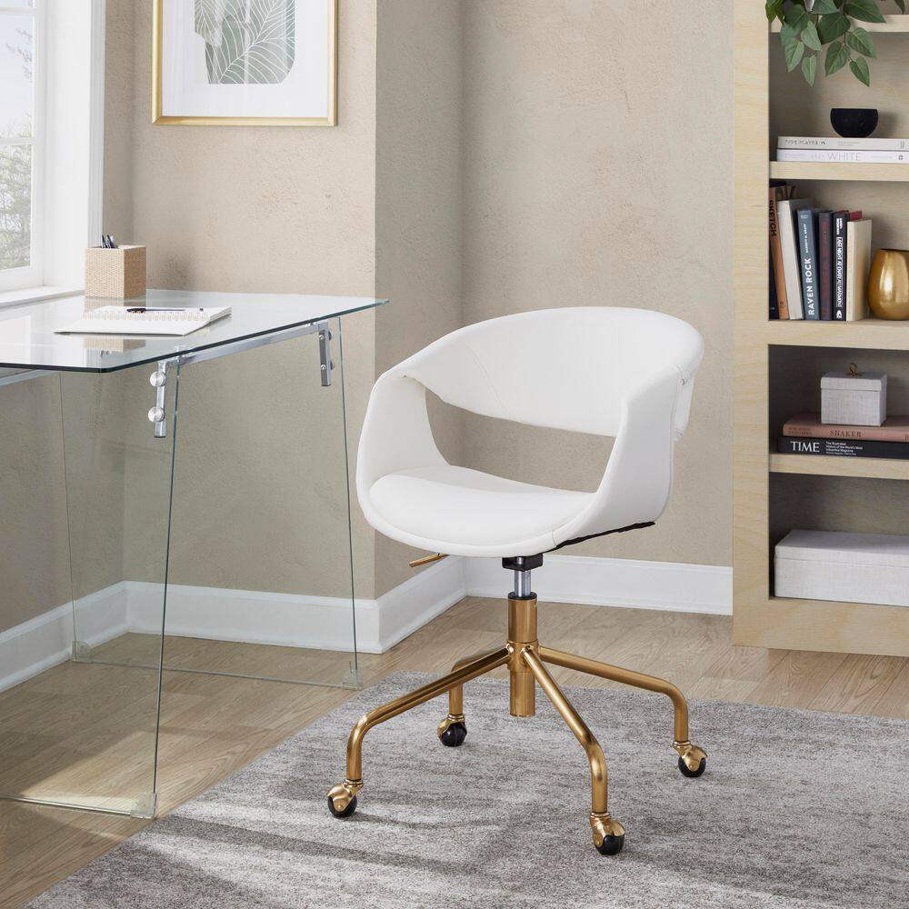White Faux Leather Task Chair with Gold Swivel Base