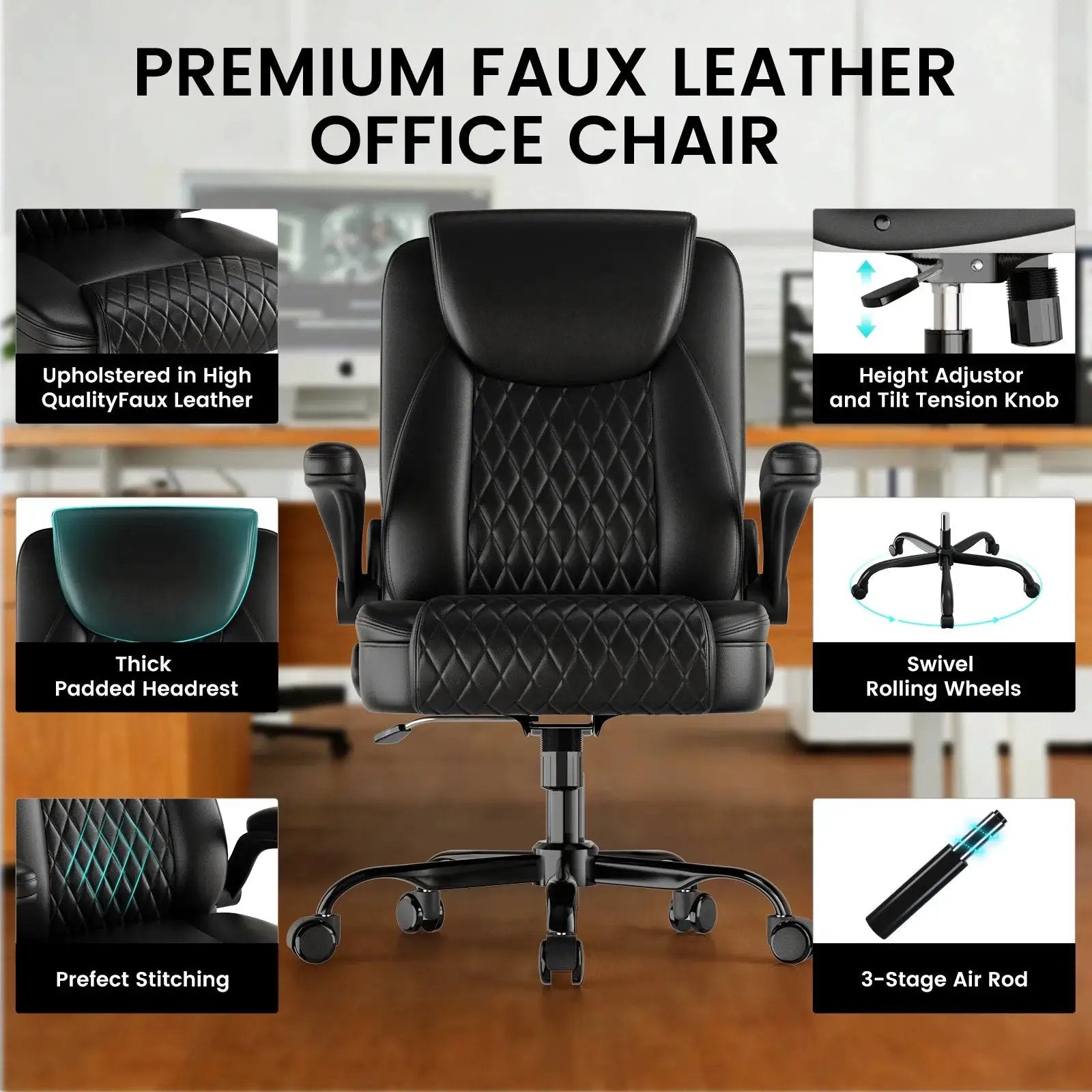GTRACING big and tall black ergonomic office chair with wide seat, flip-up arms, suitable for up to 400 lbs, in a home office setting.