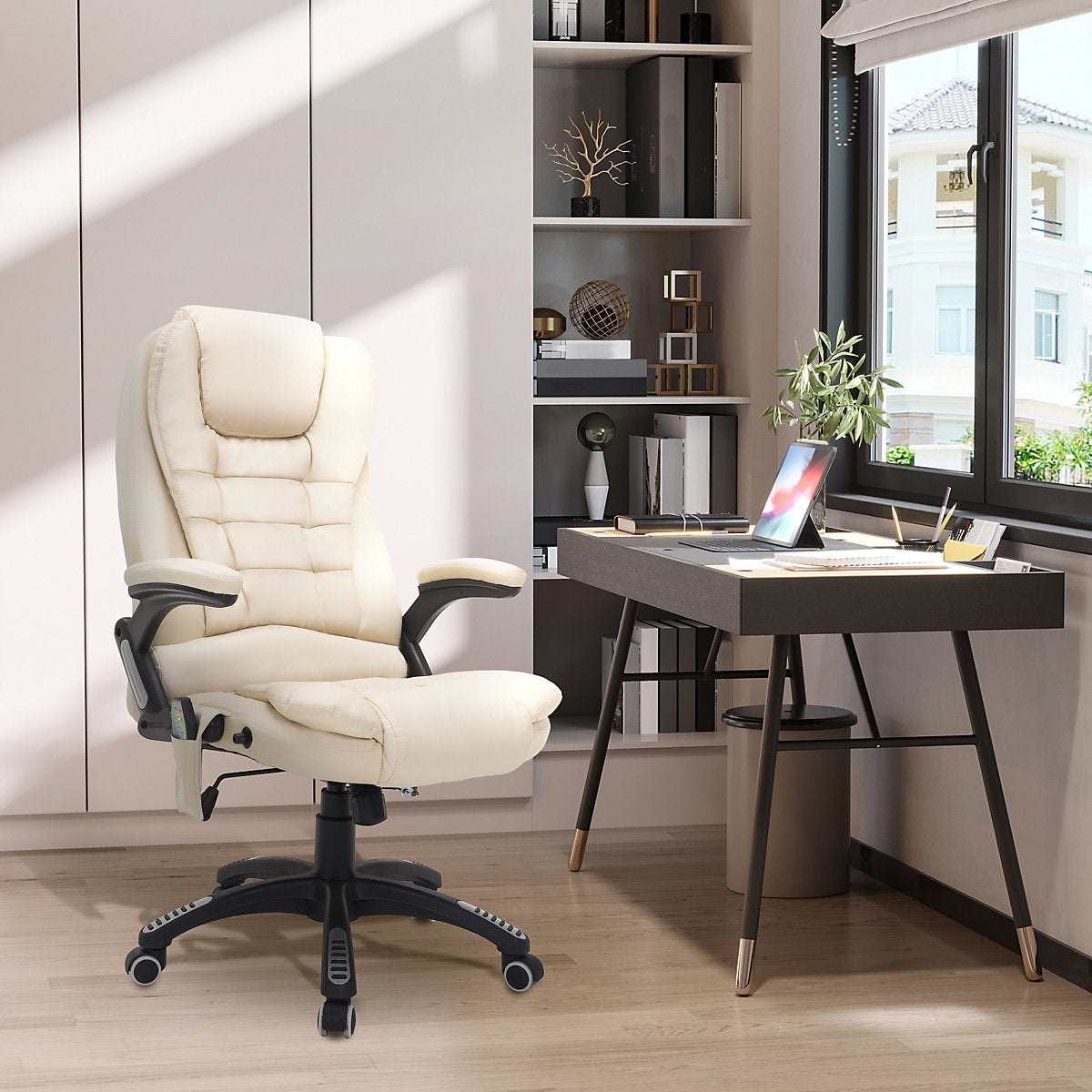 Beige reclining massage office chair with heat therapy, side view