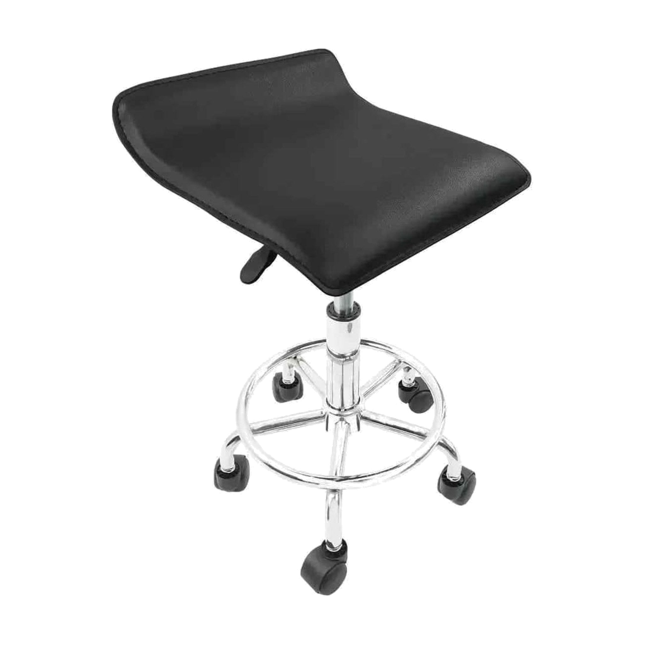 KKTONER height-adjustable rolling stool with black PU leather saddle seat, chrome foot ring and swivel casters