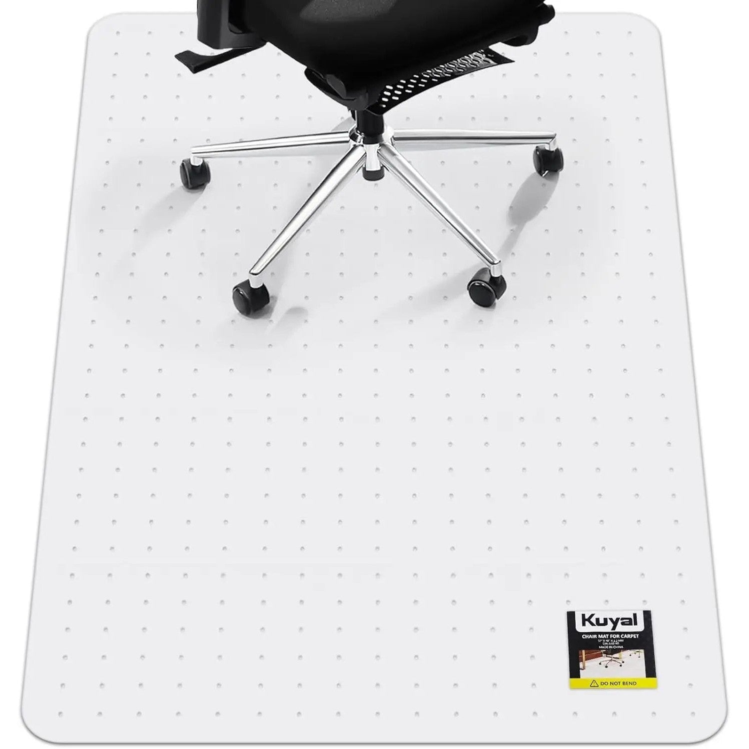 Kuyal office chair mat for carpeted floors with studded underside, non-slip design, protecting carpets and providing smooth rolling.