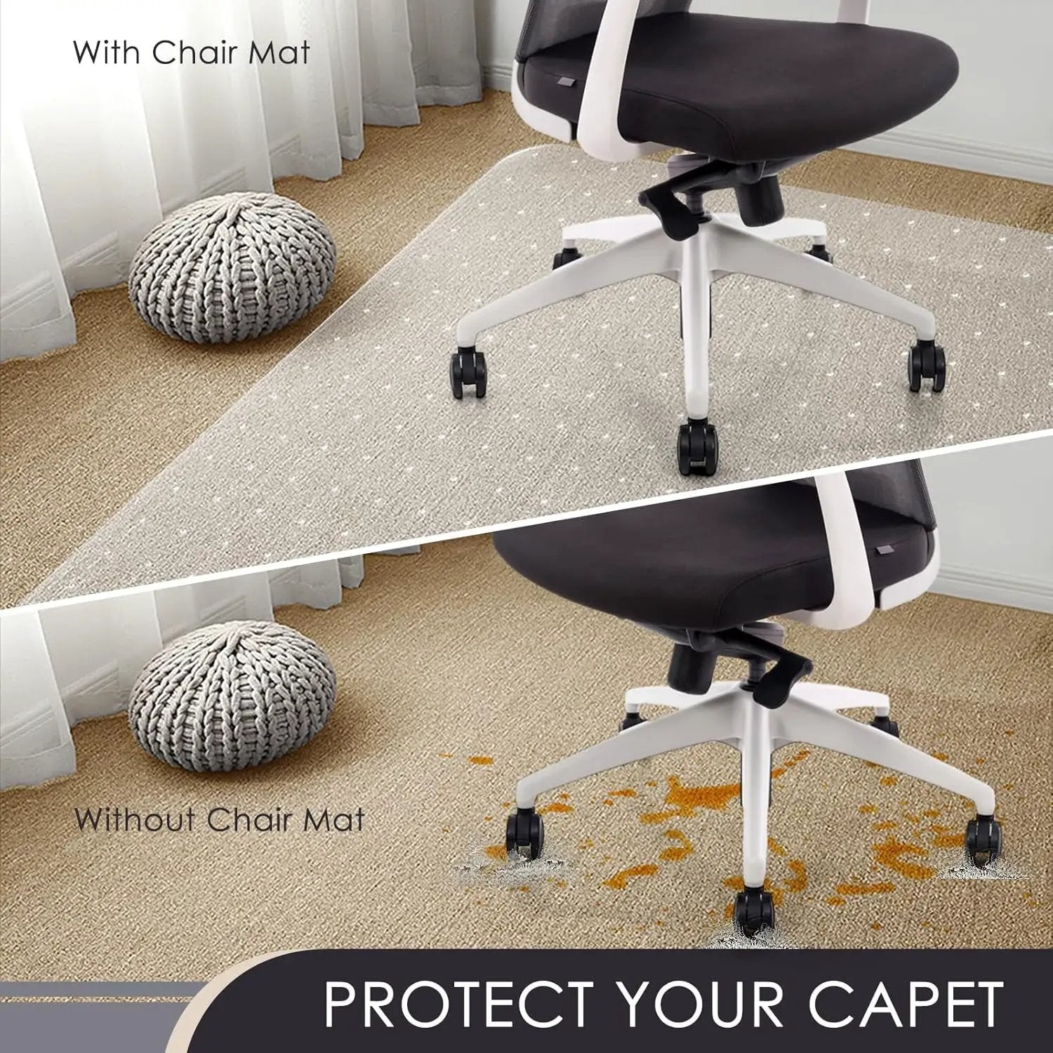 Kuyal office chair mat with studded underside for carpeted floors, non-slip surface, rectangular shape, protects carpets from chair movement.