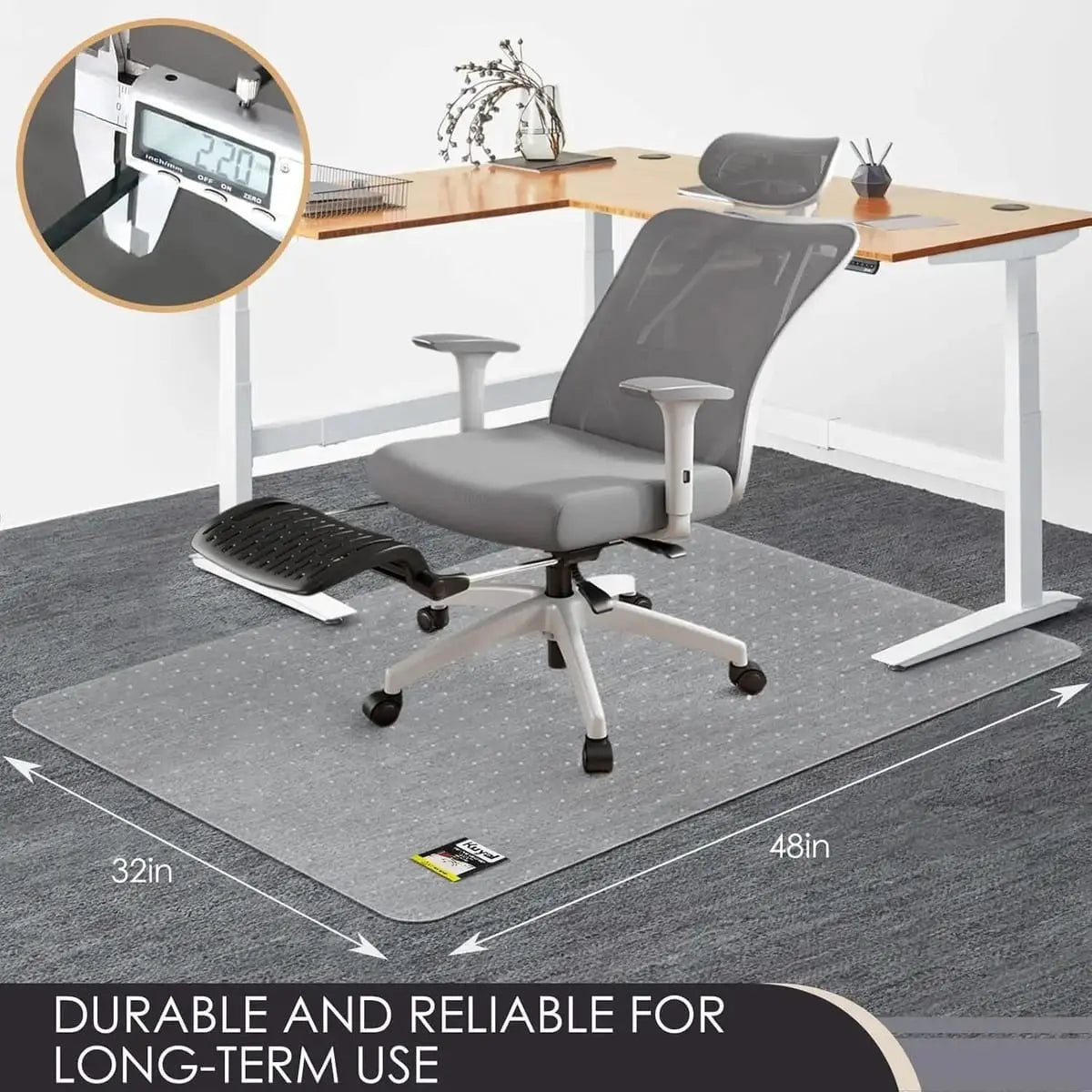 Kuyal office chair mat with studded underside for carpeted floors, non-slip design, durable plastic surface, rectangular shape.