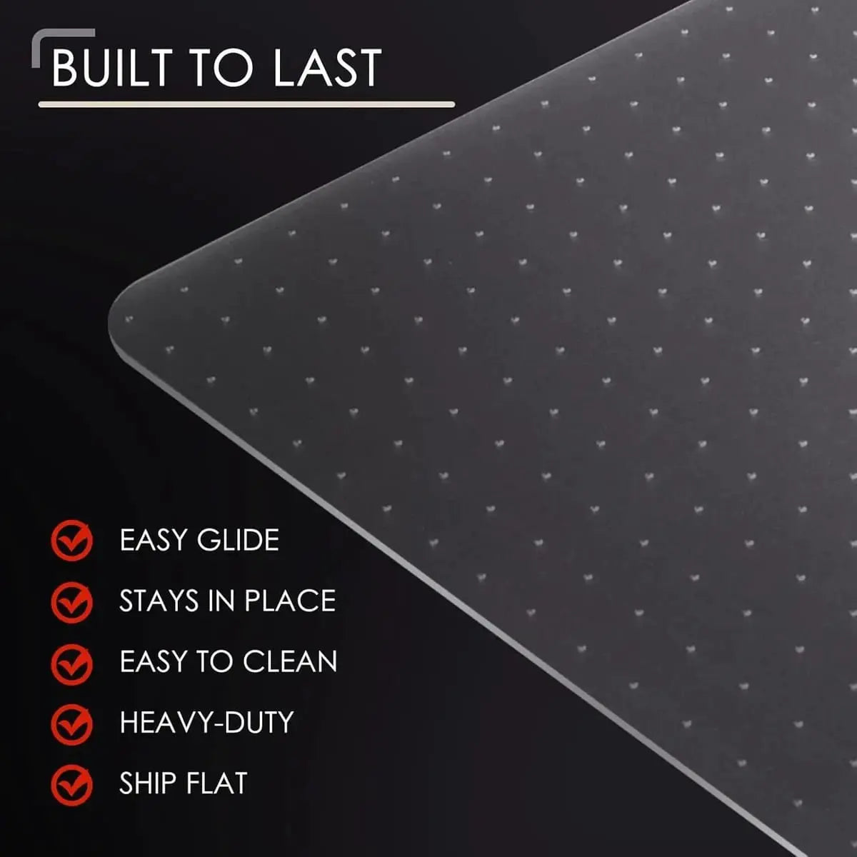 Kuyal office chair mat for carpeted floors with studded underside, non-slip design, providing smooth movement and floor protection.