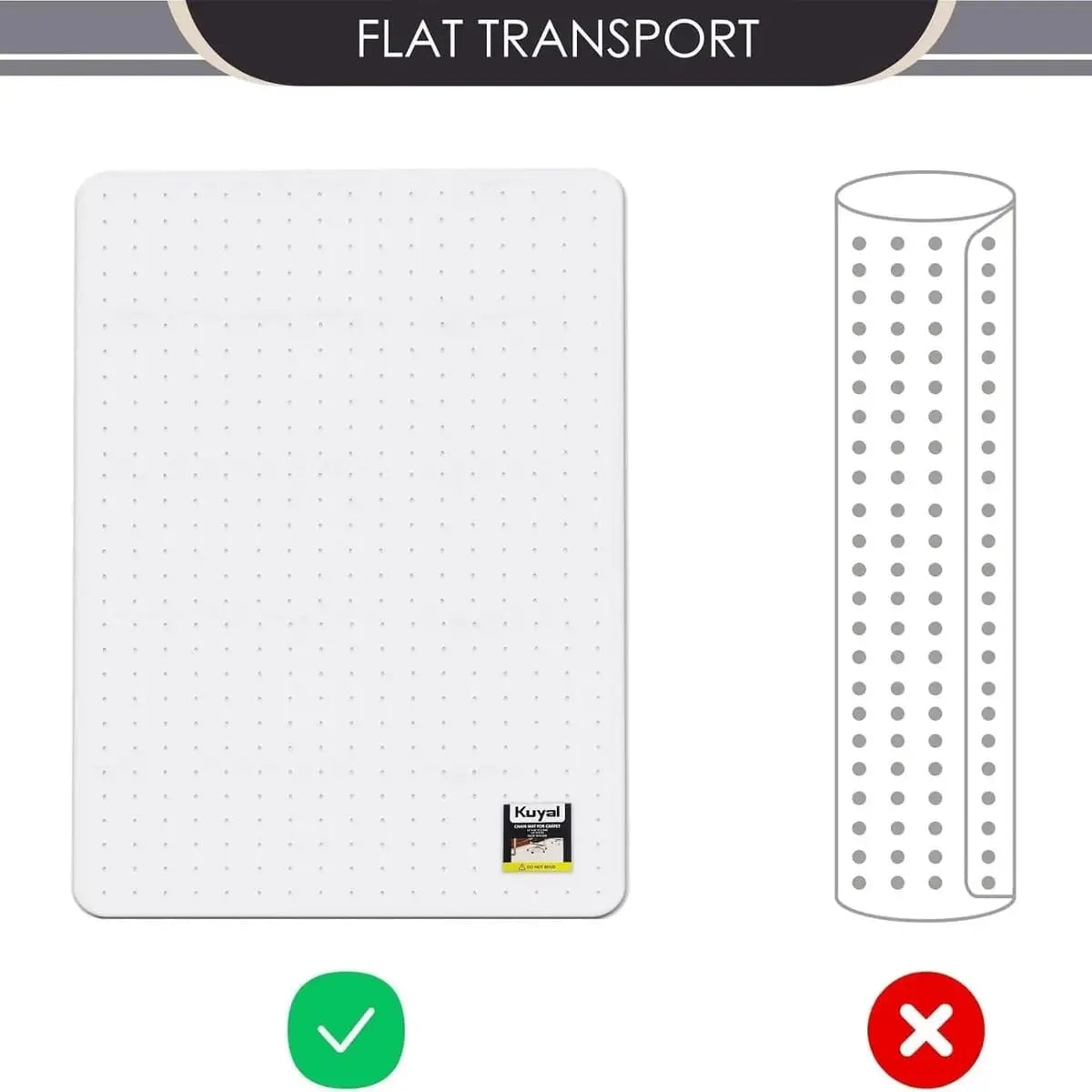 Kuyal office chair mat for carpeted floors with studded underside and non-slip surface, protects carpets and keeps chair stable.