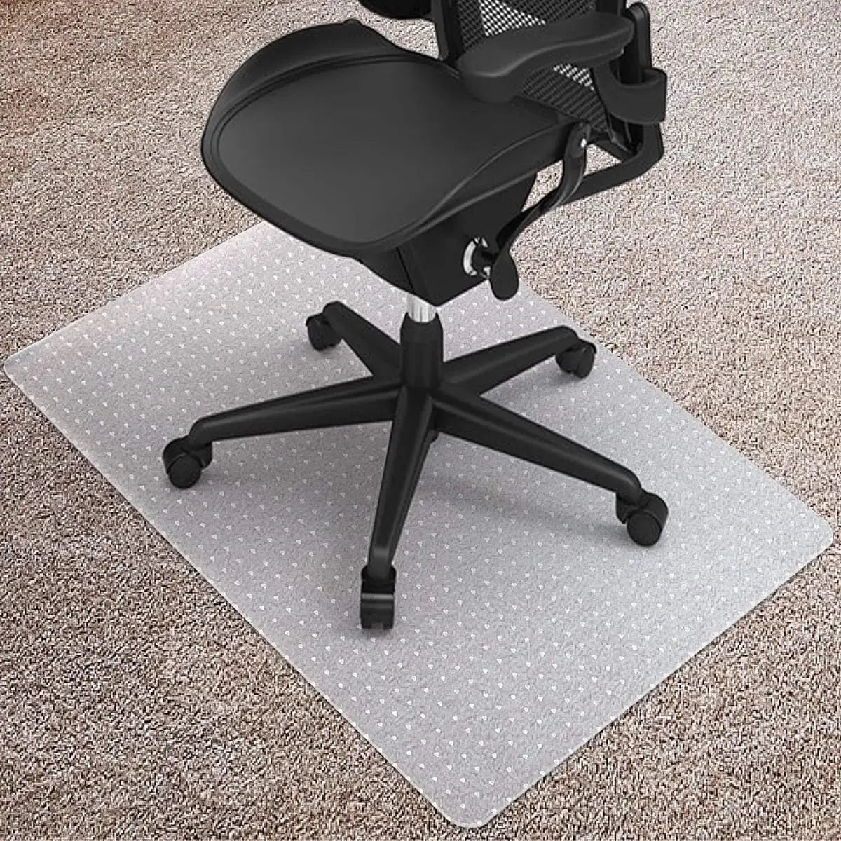 Transparent Kuyal desk chair mat for carpet, 36x48 inches with studded grip, designed to protect carpets and allow easy chair movement.