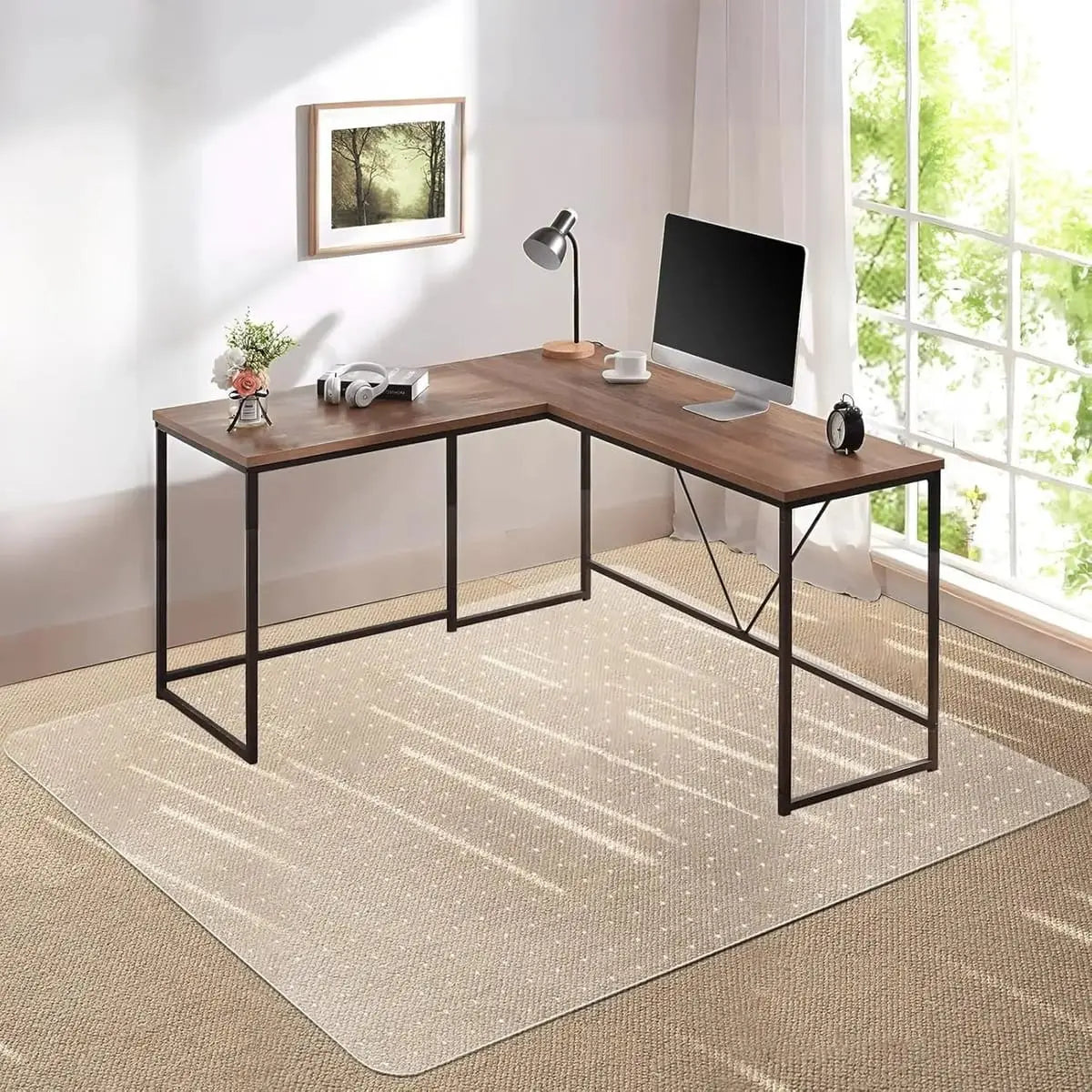 Transparent Kuyal desk chair mat for carpet, 36x48 inches with studded grip, features a clear design and textured surface for stability.