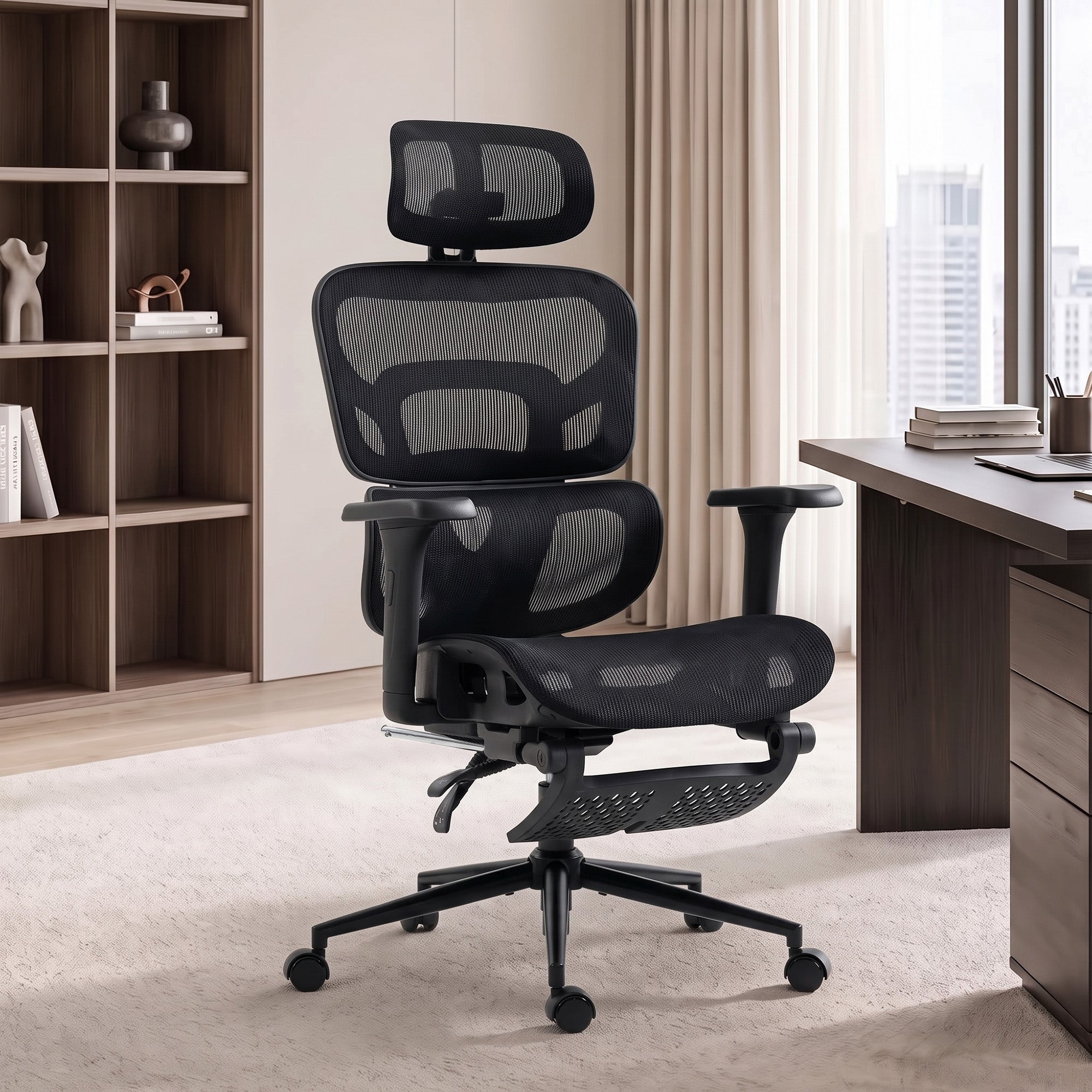 Black ergonomic mesh office chair with headrest - side view