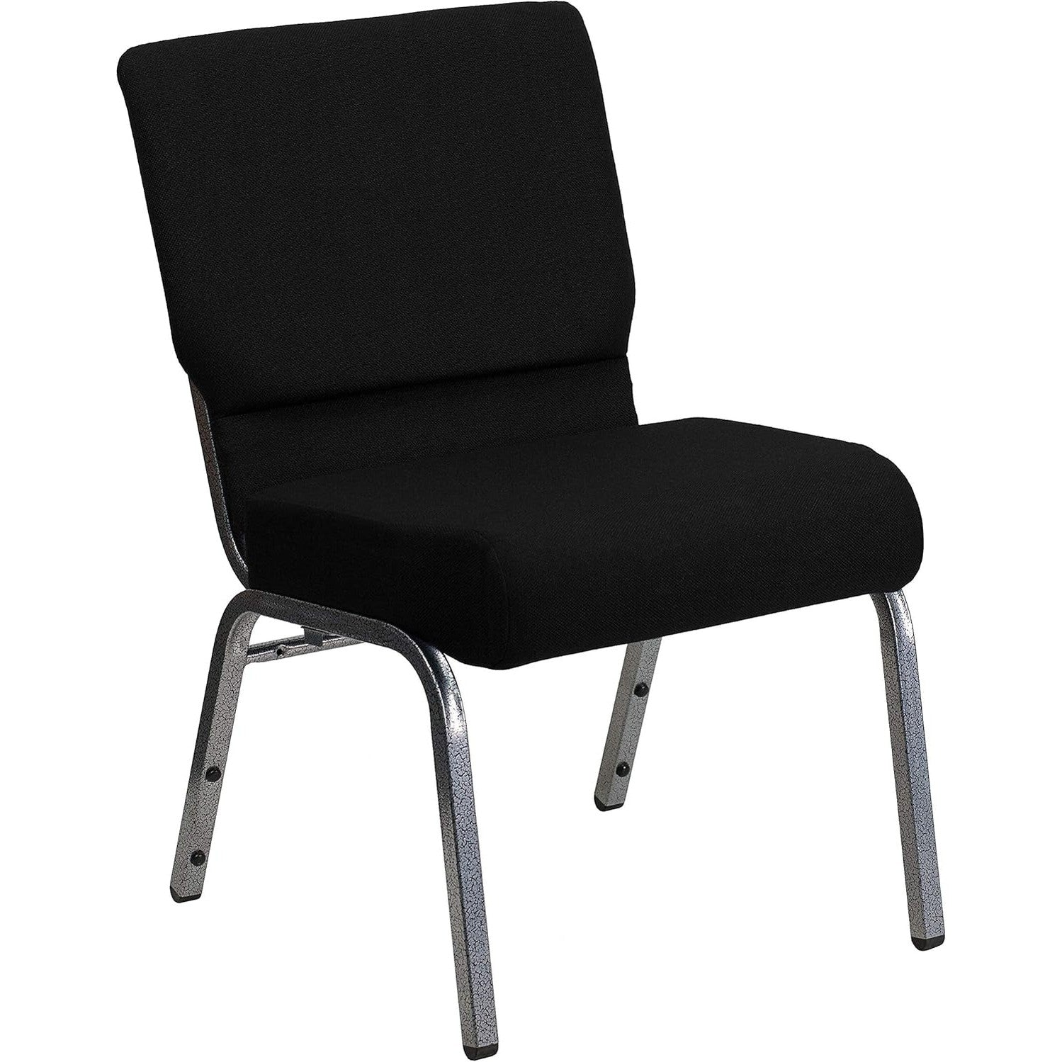 Stacking church chair with black fabric, silver vein frame, four-inch padded waterfall seat, designed for comfortable seating.