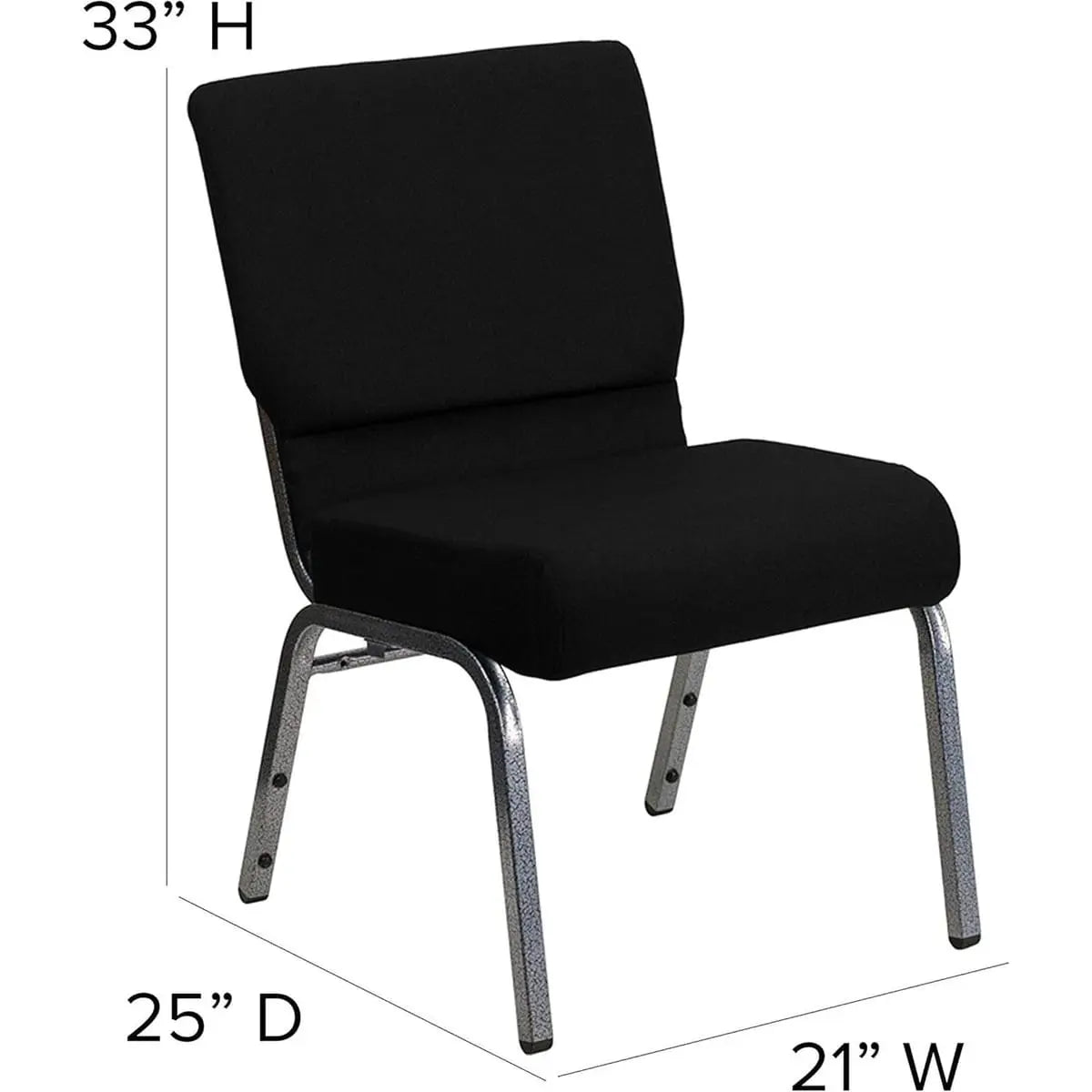 Stacking church chair with black fabric seat, silver vein frame, four-inch thick padded waterfall seat, and limited lifetime frame.