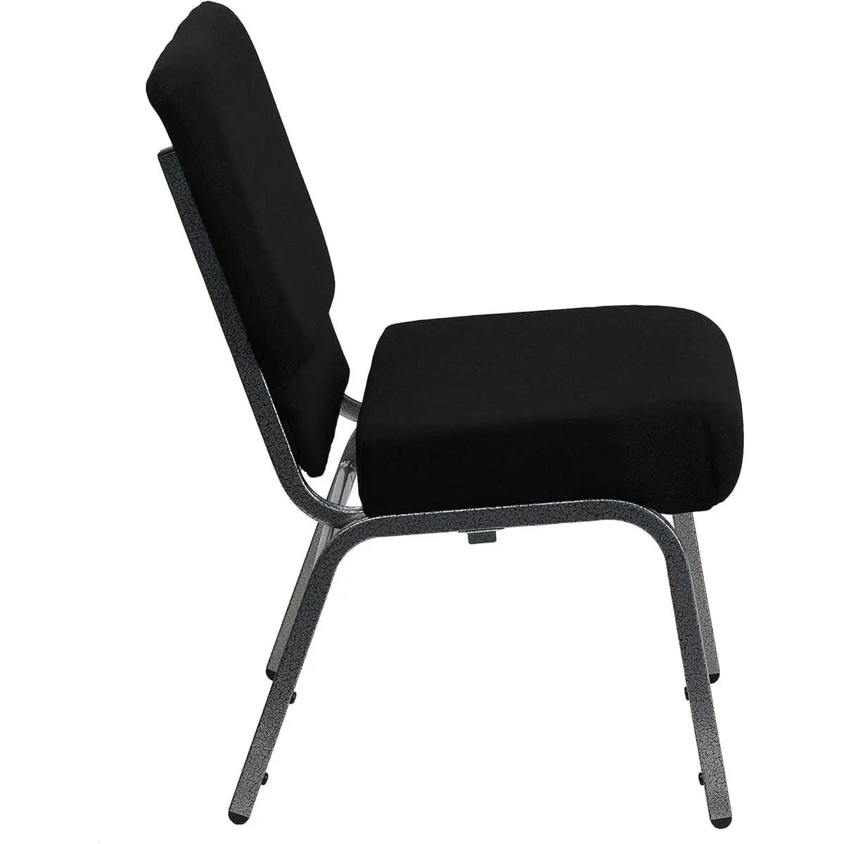 Stacking church chair with black fabric, silver vein frame, four-inch padded waterfall seat, designed for comfortable seating.