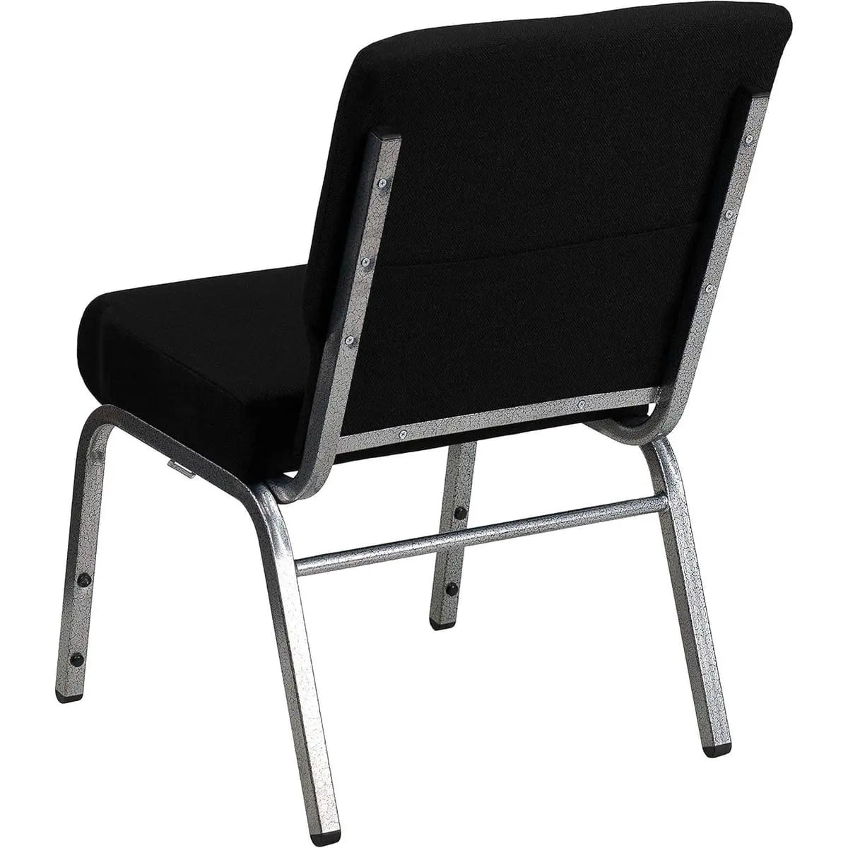 Stacking church chair with black fabric padded waterfall seat and silver vein frame, designed for comfort and durability.