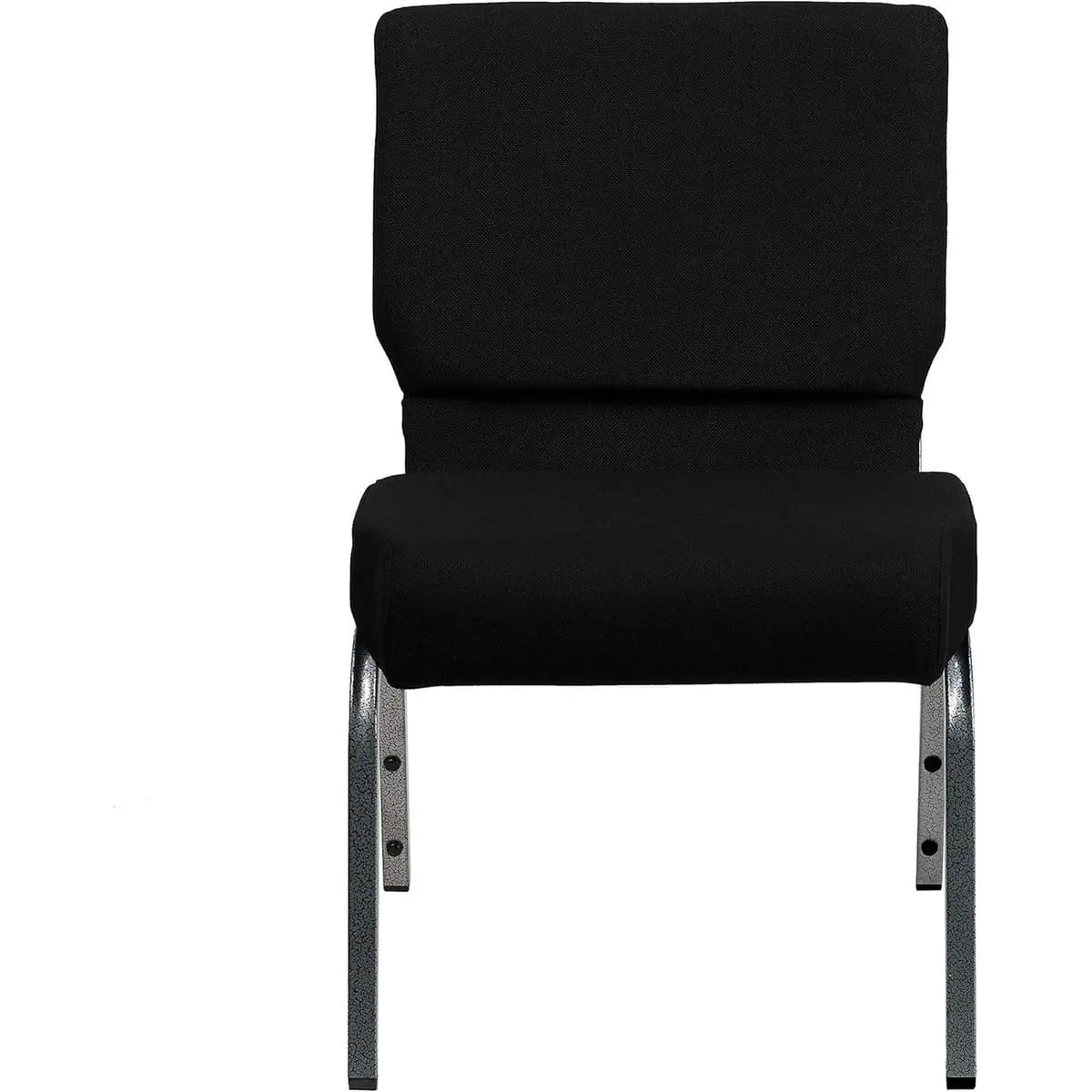 Stacking church chair with black fabric padded waterfall seat and silver vein frame, durable limited lifetime frame with 2-year parts warranty.