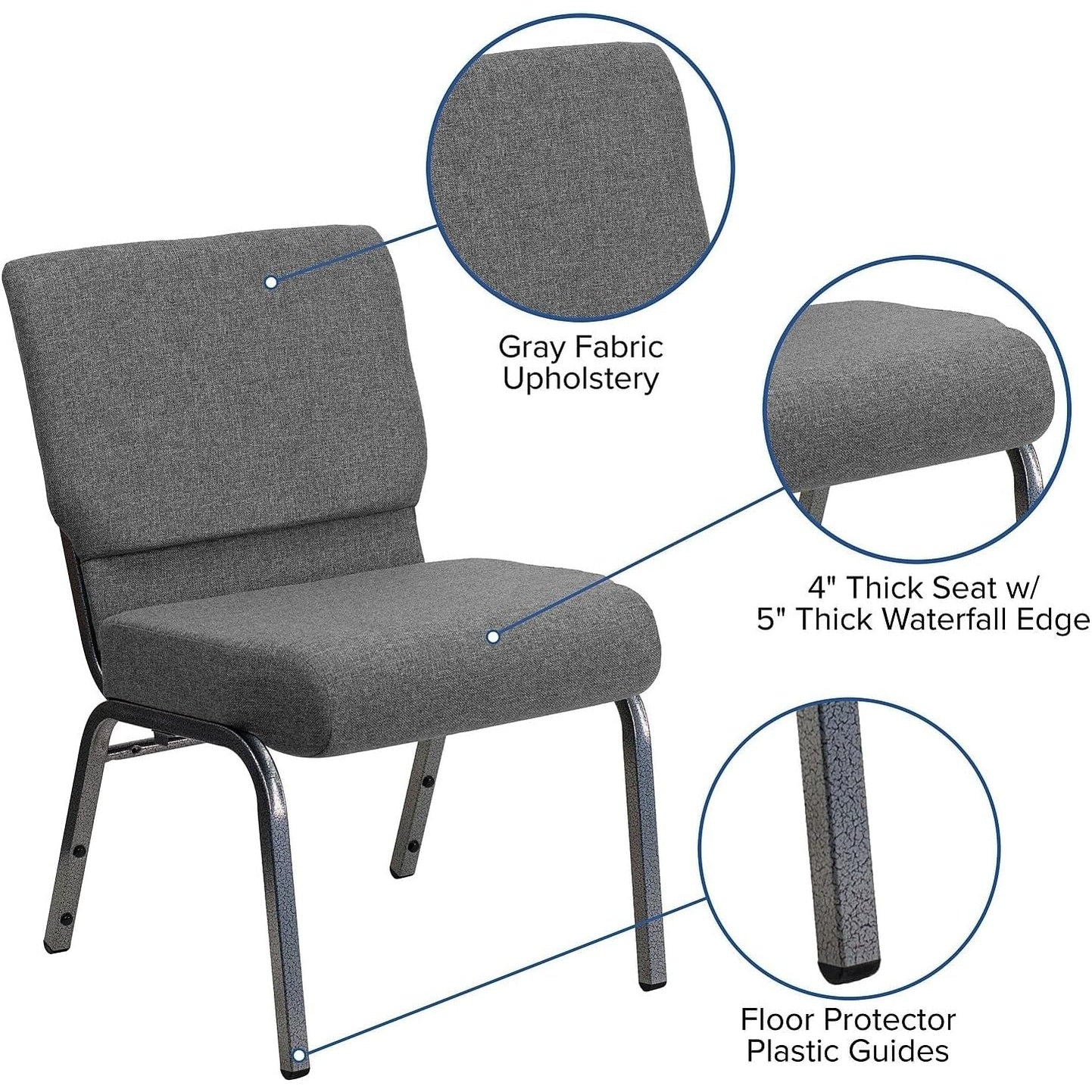 Hercules Series 21-inch gray fabric stacking church chair with silver vein frame, suitable for all-day use.