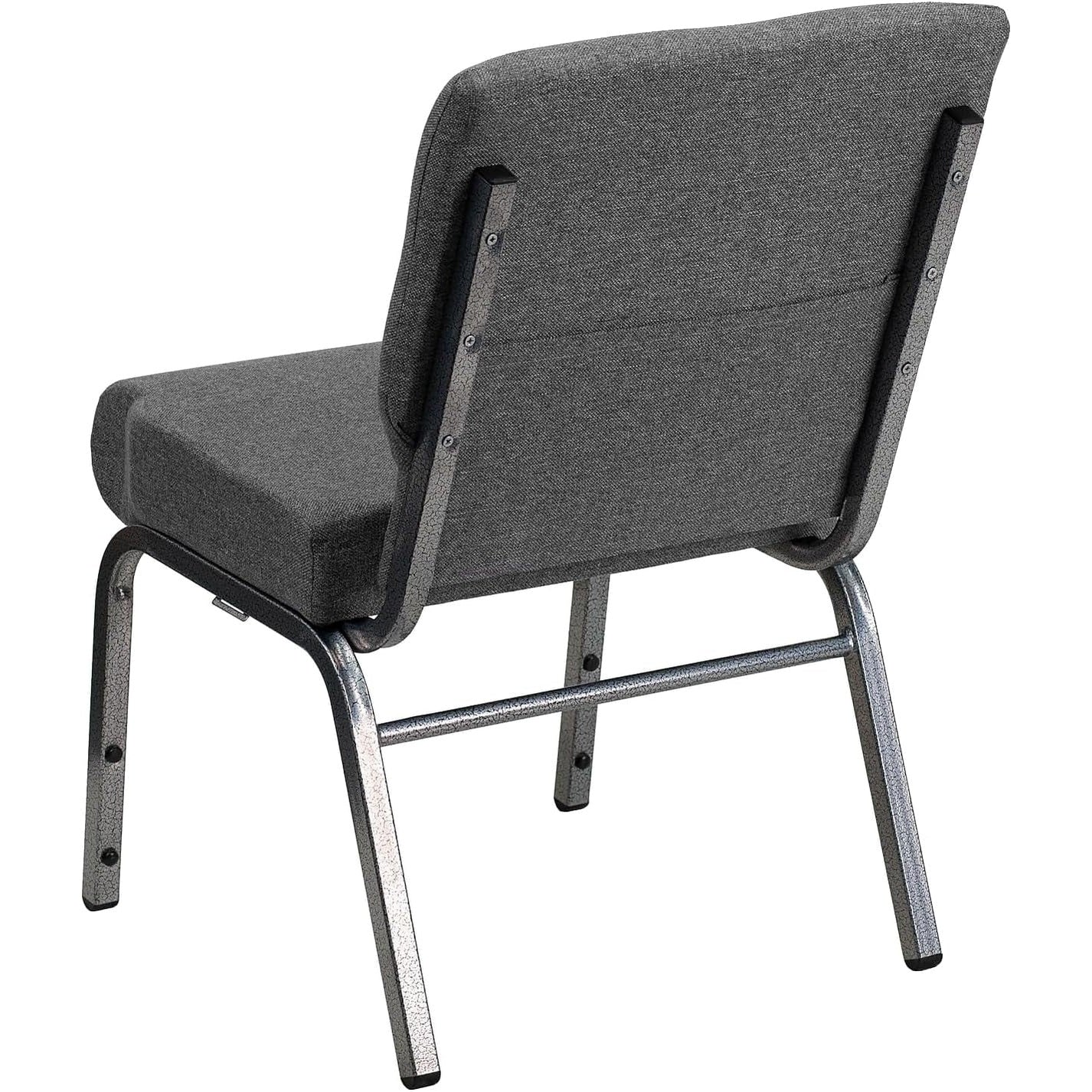 Gray fabric Hercules Series 21-inch stacking church chair with silver vein frame, suitable for all-day seating.