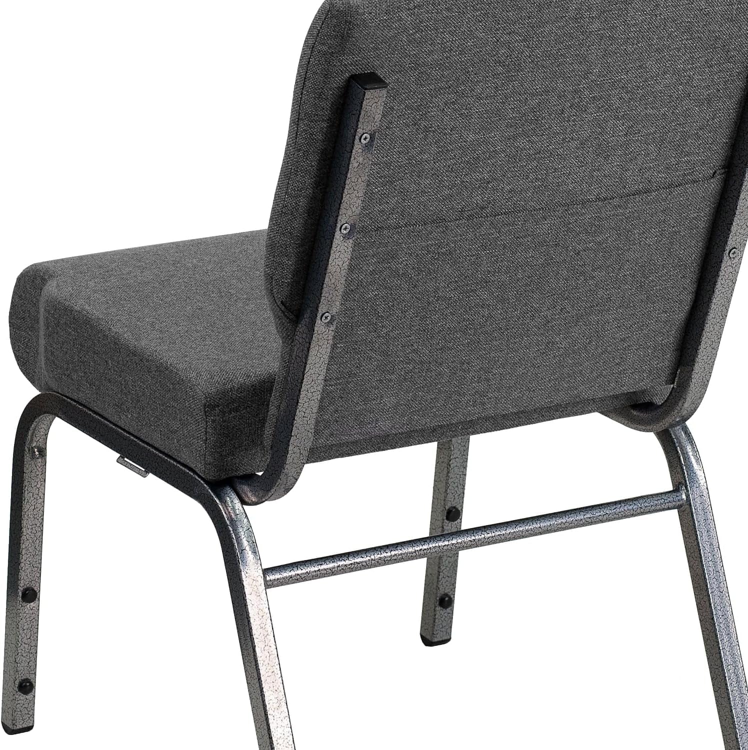 Hercules Series 21-inch stacking church chair with gray fabric upholstery and silver vein frame, suitable for all-day use.