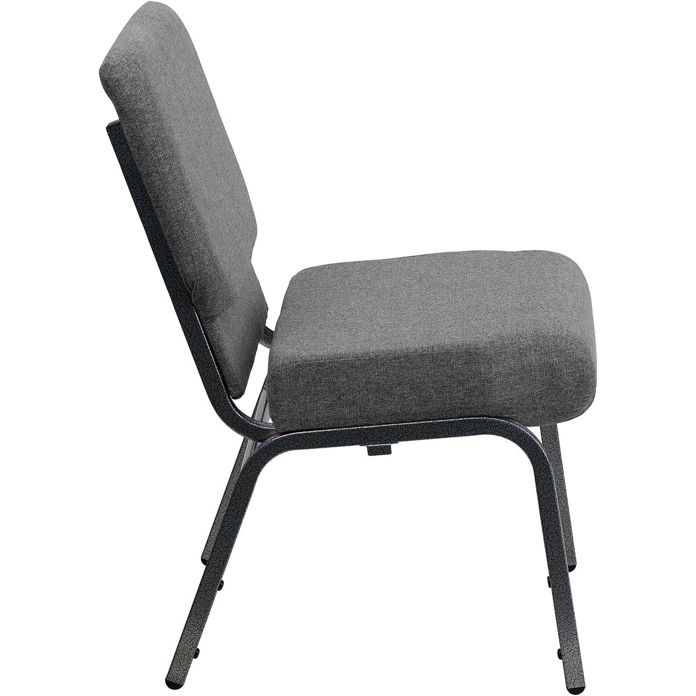Gray fabric Hercules Series 21-inch stacking church chair with silver vein frame, shown in a single image.