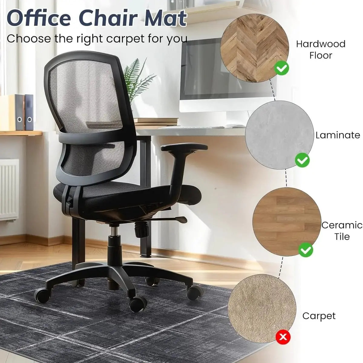 Lreedy black and blue heavy-duty office chair mat with non-slip surface for hardwood and tile floors, 36 x 48 inches.