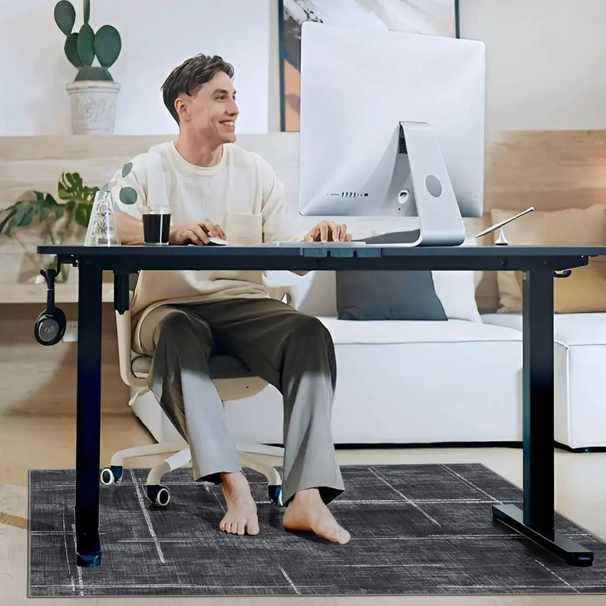 Lreedy black and blue heavy-duty office chair mat with non-slip surface for hardwood and tile floors, 36 x 48 inches.
