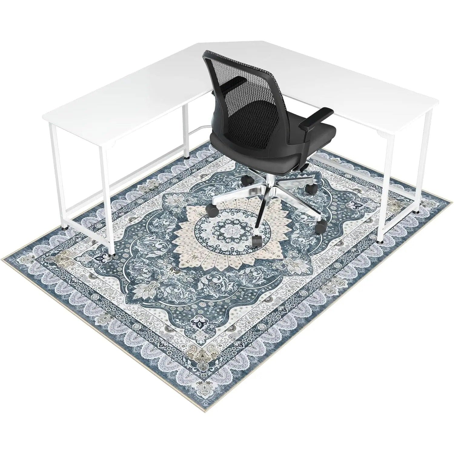 Lreedy office chair mat 48x60 inches, heavy-duty anti-slip design for hardwood and tile floors, blue square frame.