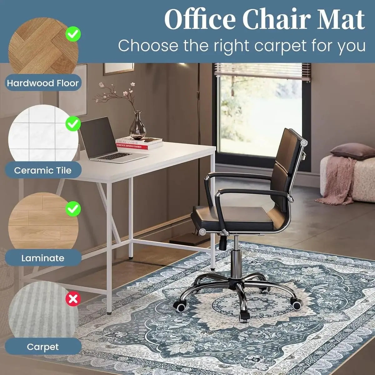 Lreedy office chair mat 48x60 inches, heavy-duty, anti-slip, blue, suitable for hardwood and tile floors, with square frame design.