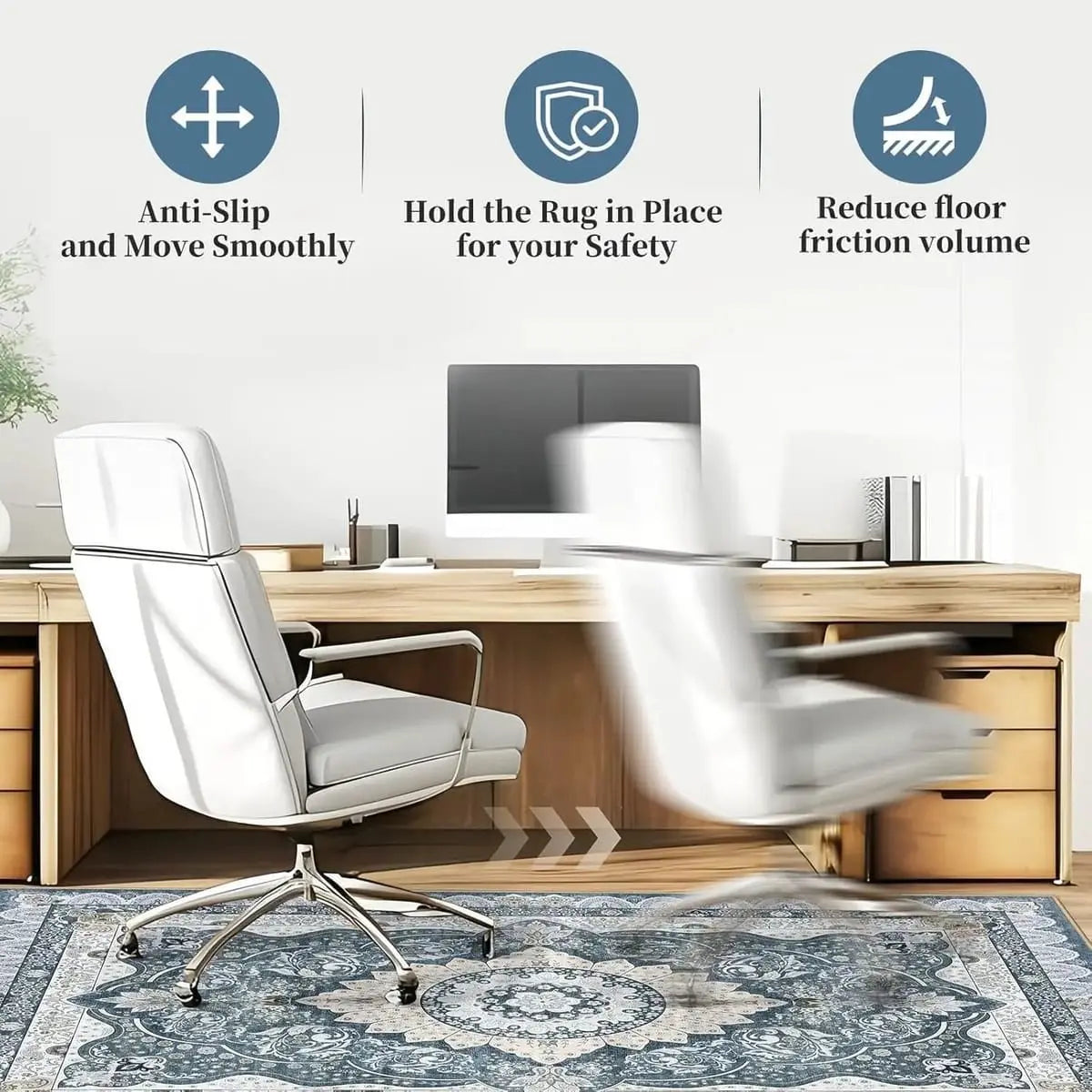 Lreedy office chair mat 48x60 inches, heavy-duty anti-slip mat for hardwood and tile floors in a blue square frame design.