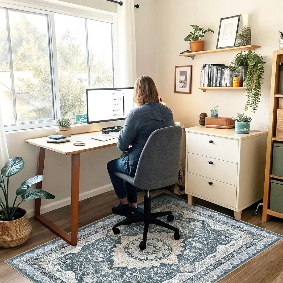 Lreedy office chair mat 48x60 inches, heavy-duty anti-slip design for hardwood and tile floors, blue square frame.