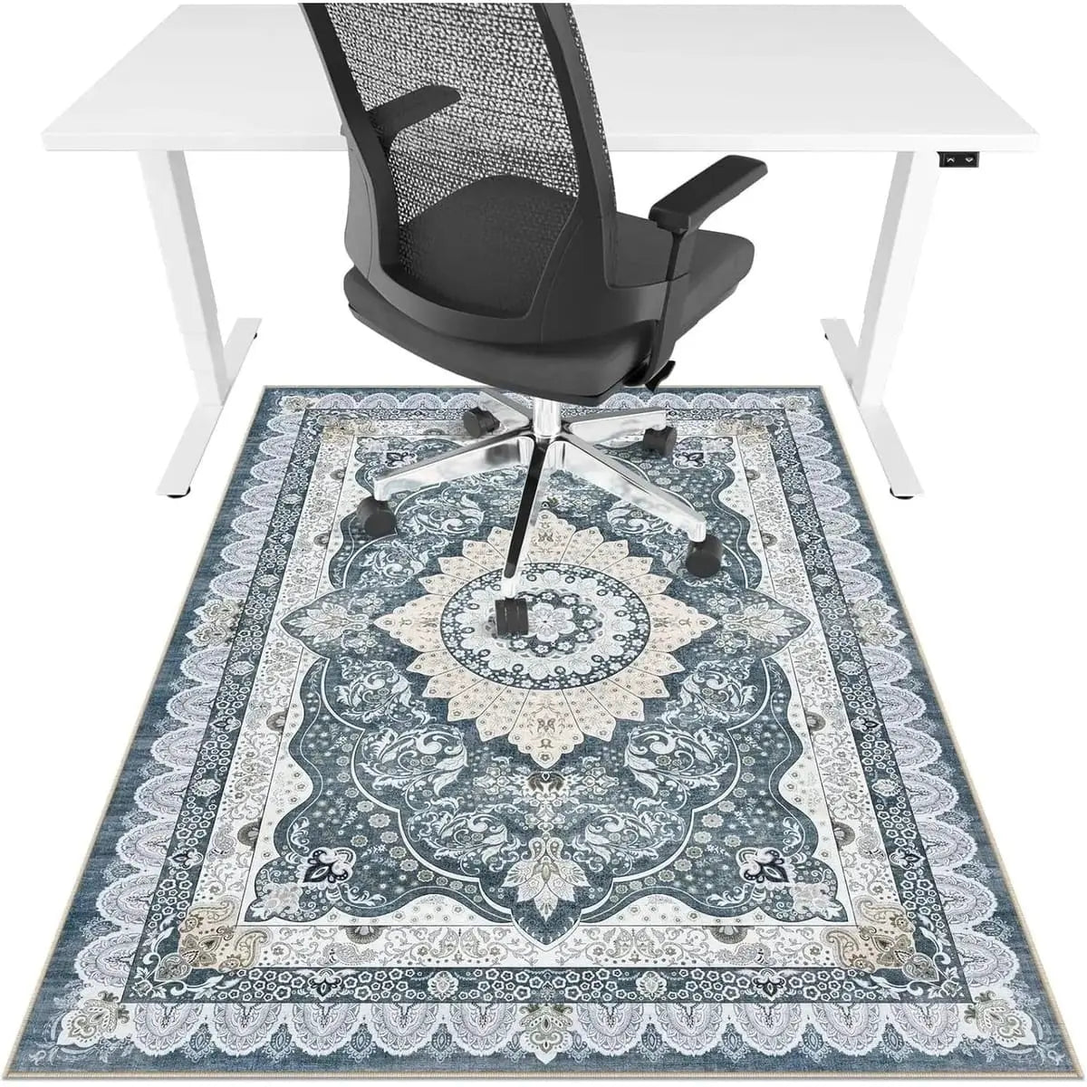 Lreedy office chair mat 48x60 inches, heavy-duty anti-slip design for hardwood and tile floors, blue square frame.