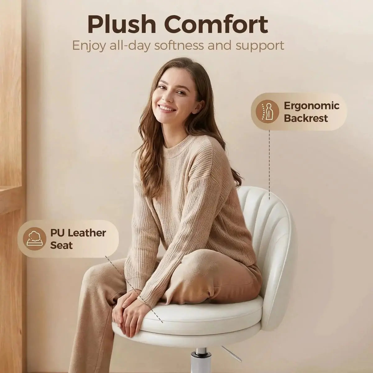 Luxury Lucklife shell-back office desk chair with adjustable height, upholstered in PU leather for professional home office comfort.