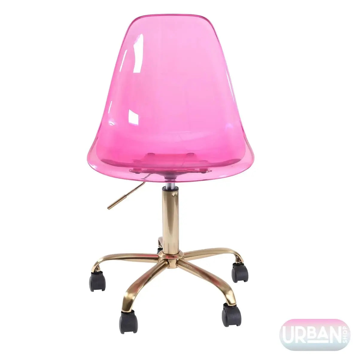Vibrant pink acrylic rolling office chair with gold base and adjustable swivel, ideal for modern home office desks.