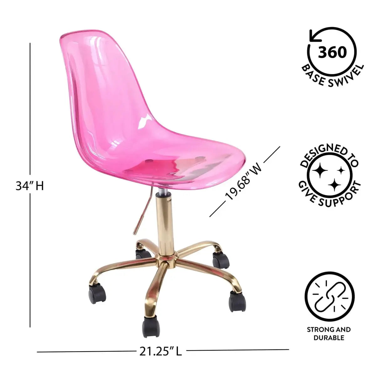 Vibrant pink acrylic rolling office chair with golden base and adjustable swivel, ideal for modern home office desks.