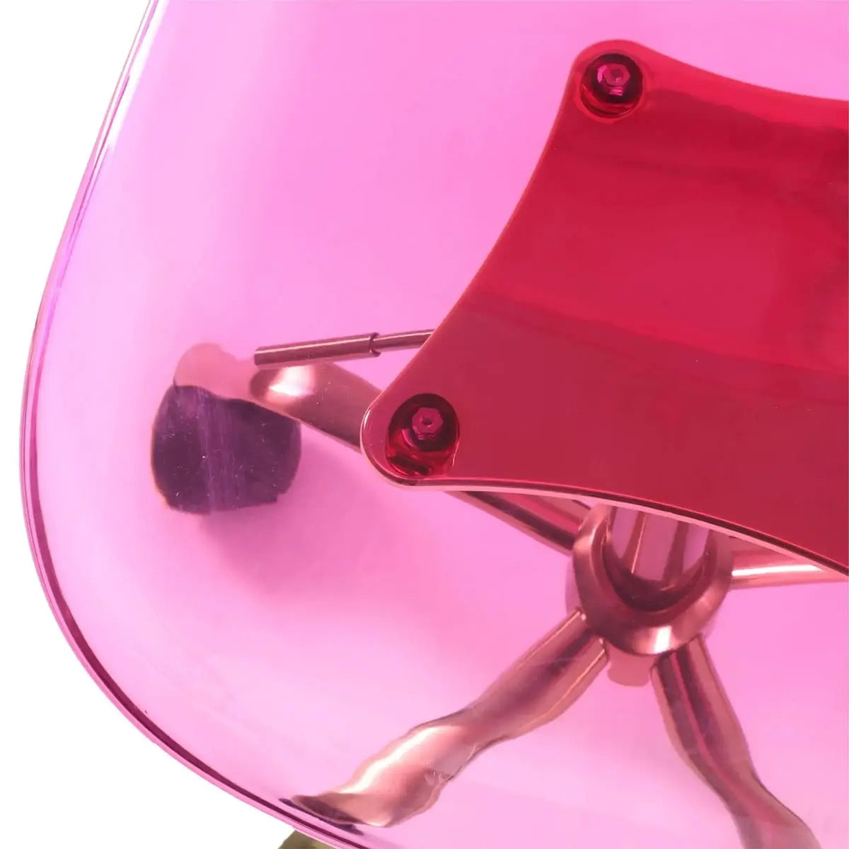 Vibrant pink acrylic rolling office chair with golden base, adjustable swivel, suitable for modern home office desks.