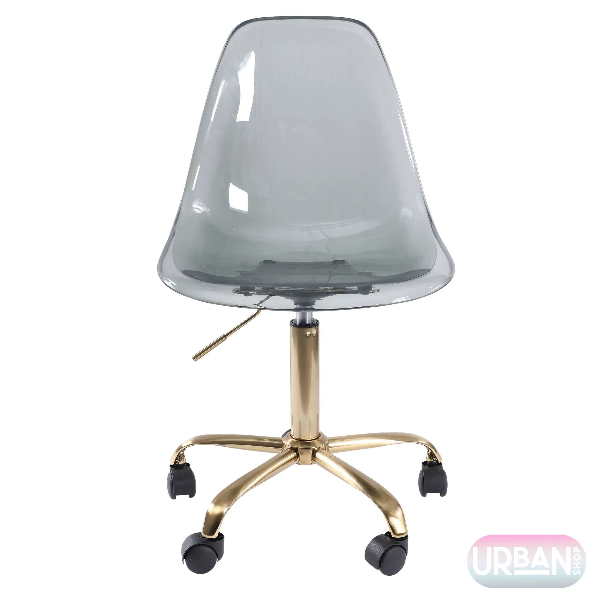 Vibrant pink acrylic rolling task chair with gold base and adjustable swivel for modern home office desks.
