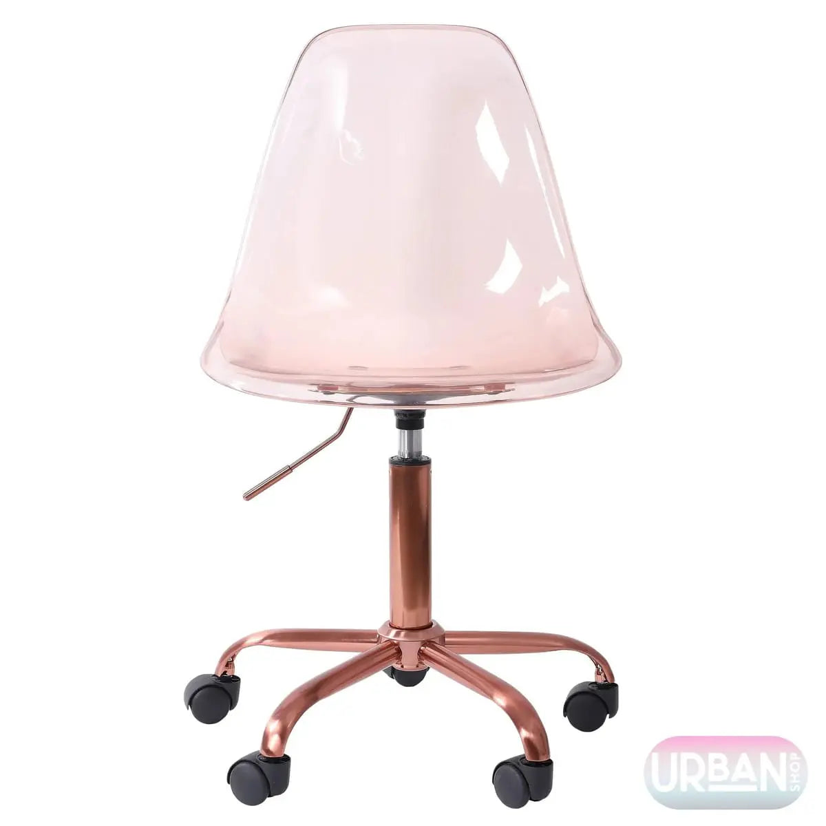 Vibrant pink acrylic task chair with a golden base and adjustable swivel, designed for modern home office desks.