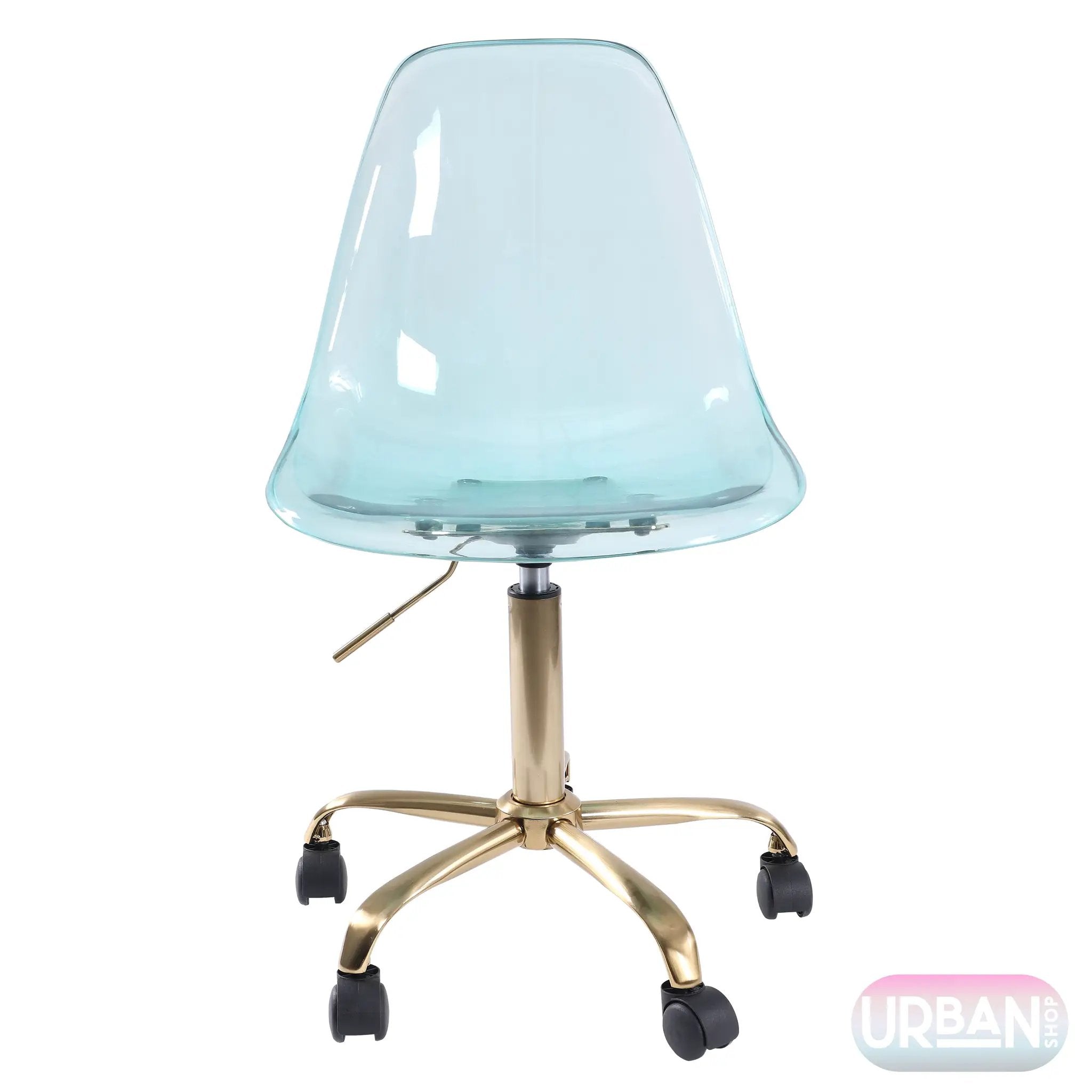Vibrant pink acrylic rolling office chair with gold base and adjustable swivel for modern home office desks.