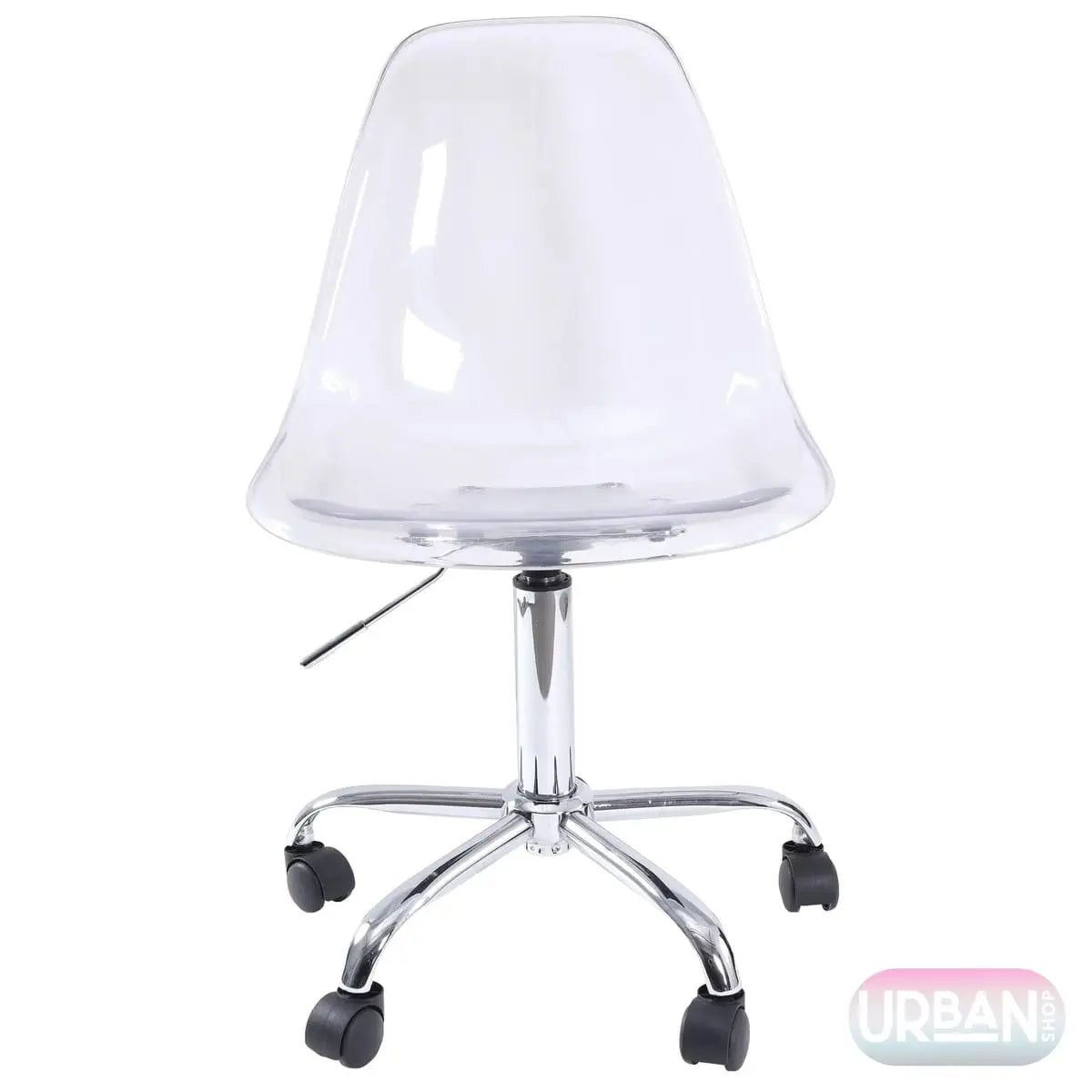 Vibrant pink acrylic rolling office chair with golden base and adjustable swivel, ideal for modern home office desks.