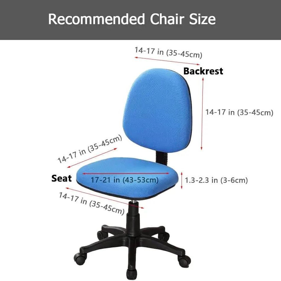 Melaluxe stretchable universal office chair cover fitted on small chair, showing its snug fit and colorful fabric for small office chairs.