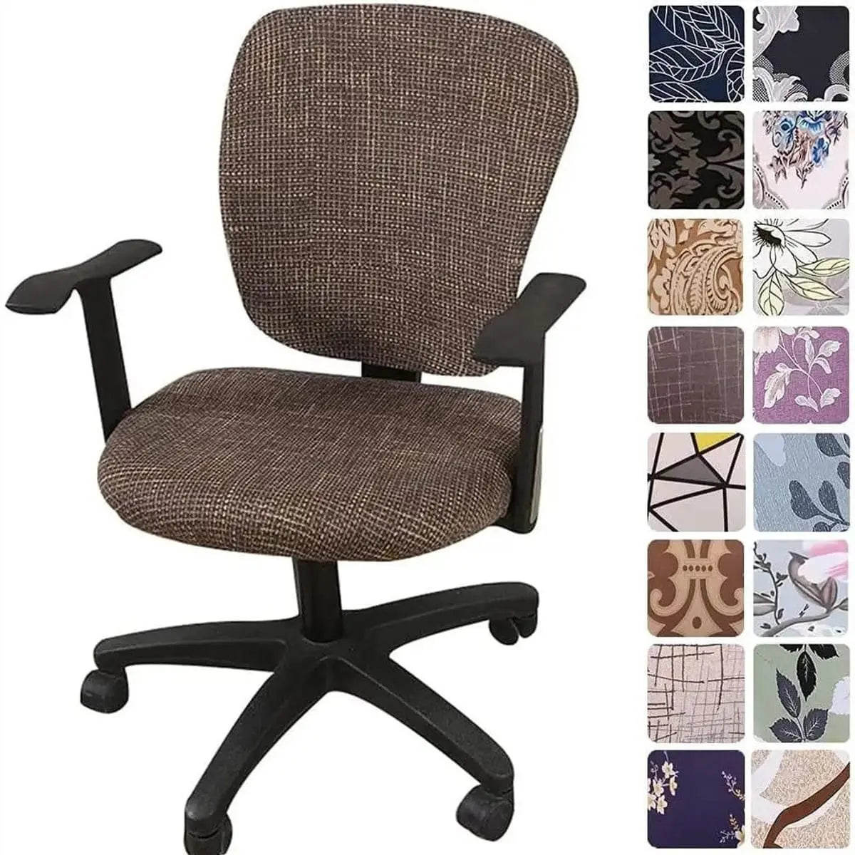 Melaluxe stretchable universal office chair cover fitted on a small chair, showing its colorful design and elastic stretch fit.
