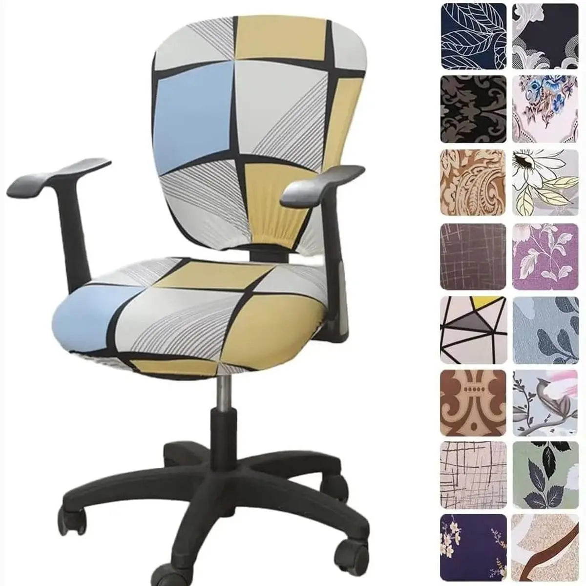 Melaluxe stretchable universal office chair cover for small chairs, in a vibrant color, fitted over a standard office chair.