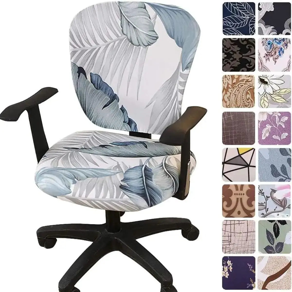 Melaluxe stretchable universal office chair cover for small chairs, showing a fitted, colorful fabric covering a compact office chair.
