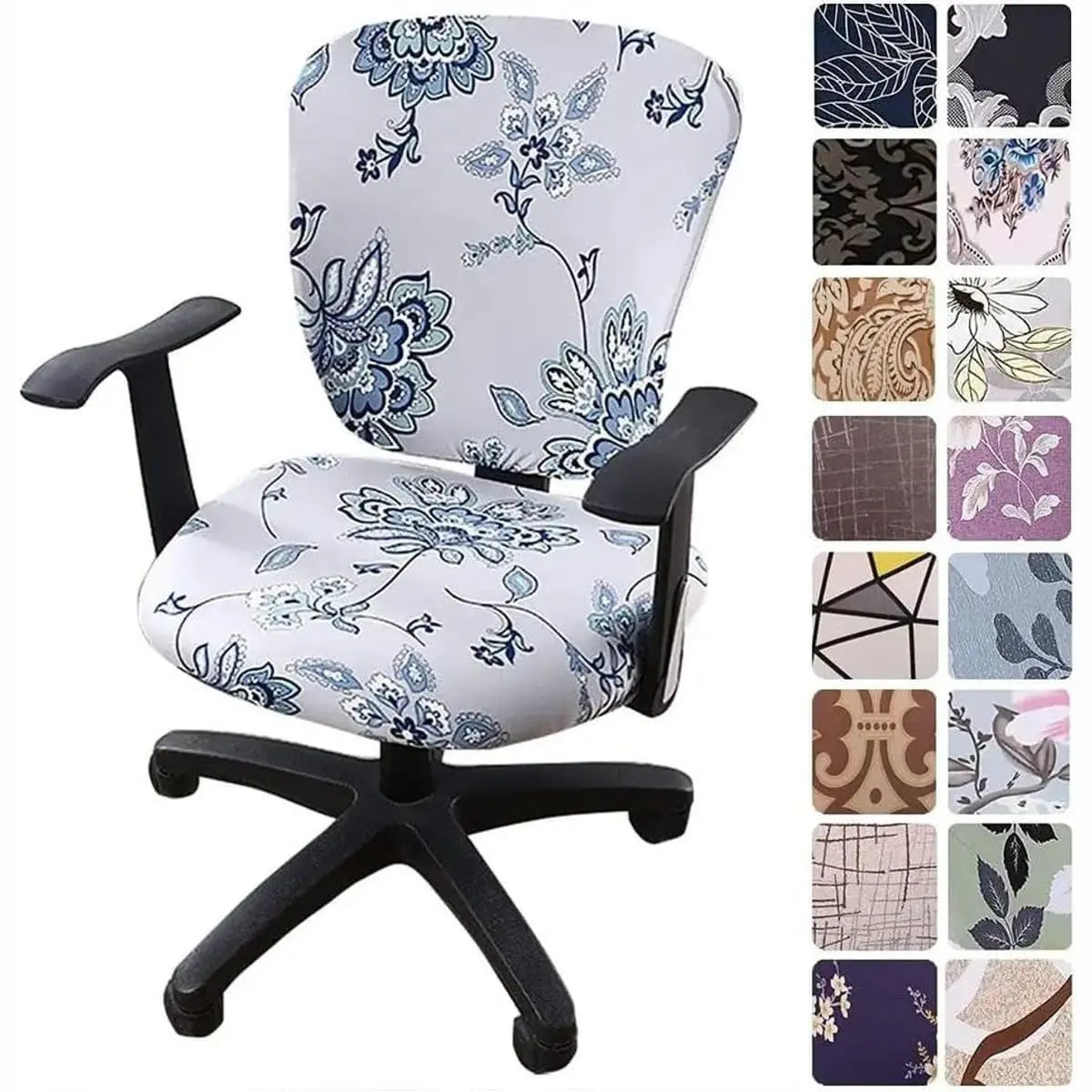 Melaluxe stretchable universal office chair cover on a small chair, showcasing its flexible fit and colorful design.