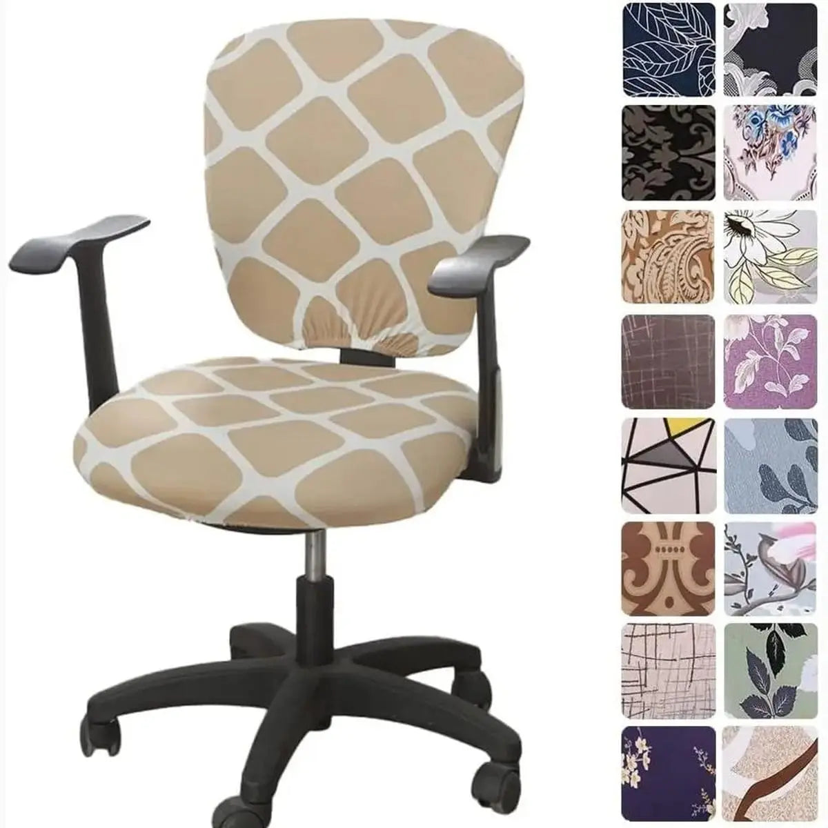 Melaluxe stretchable universal office chair cover fitted on small office chair, showing smooth fabric and snug fit.
