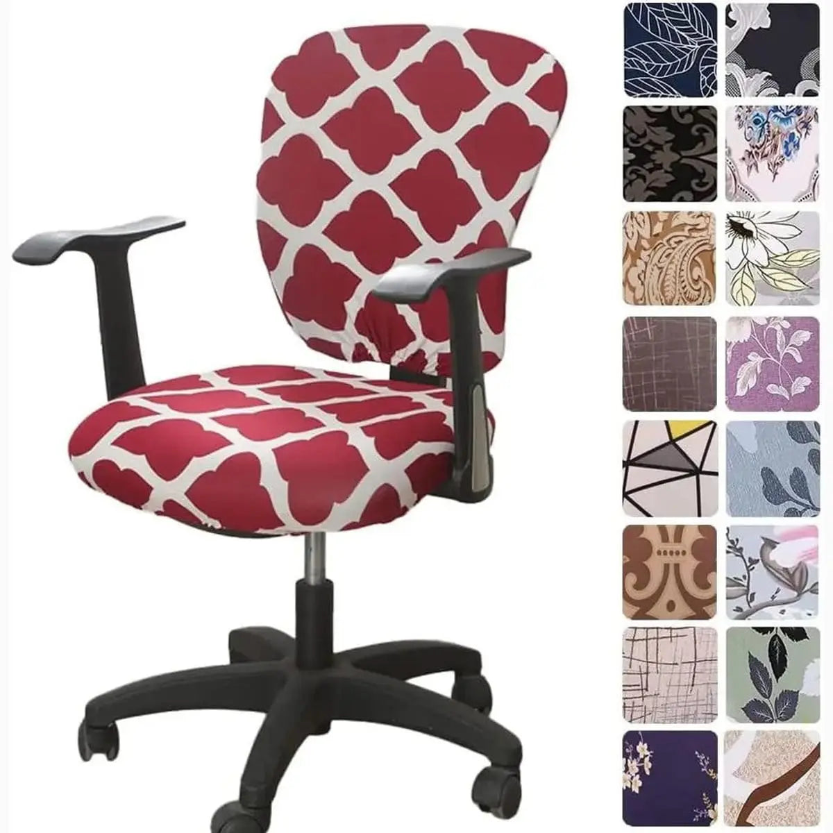 Melaluxe stretchable universal office chair cover fitted on a small office chair, showcasing its colorful, snug fit and fabric texture.