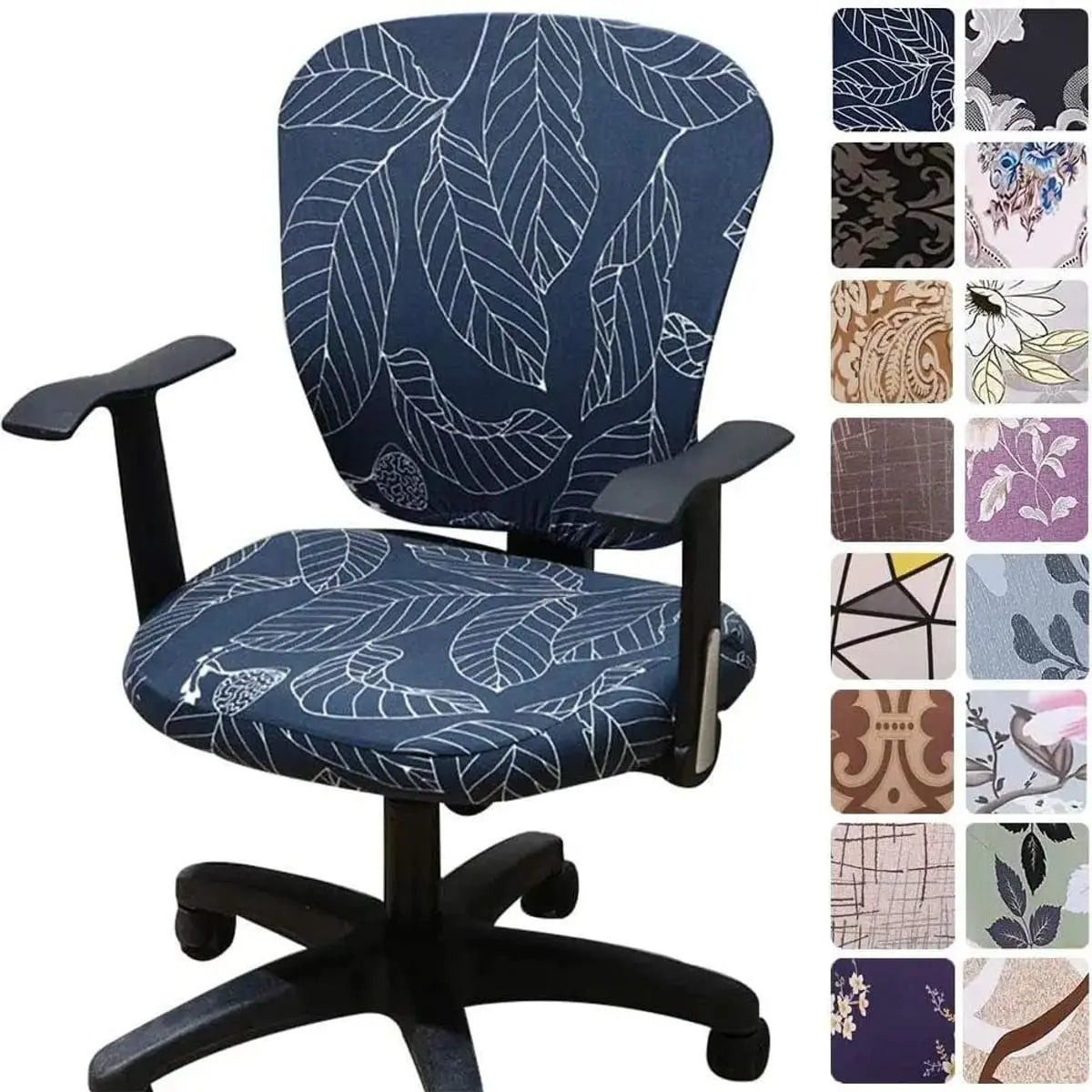 Melaluxe stretchable universal office chair cover on small chair, featuring a colorful design and elastic fit for a sleek look