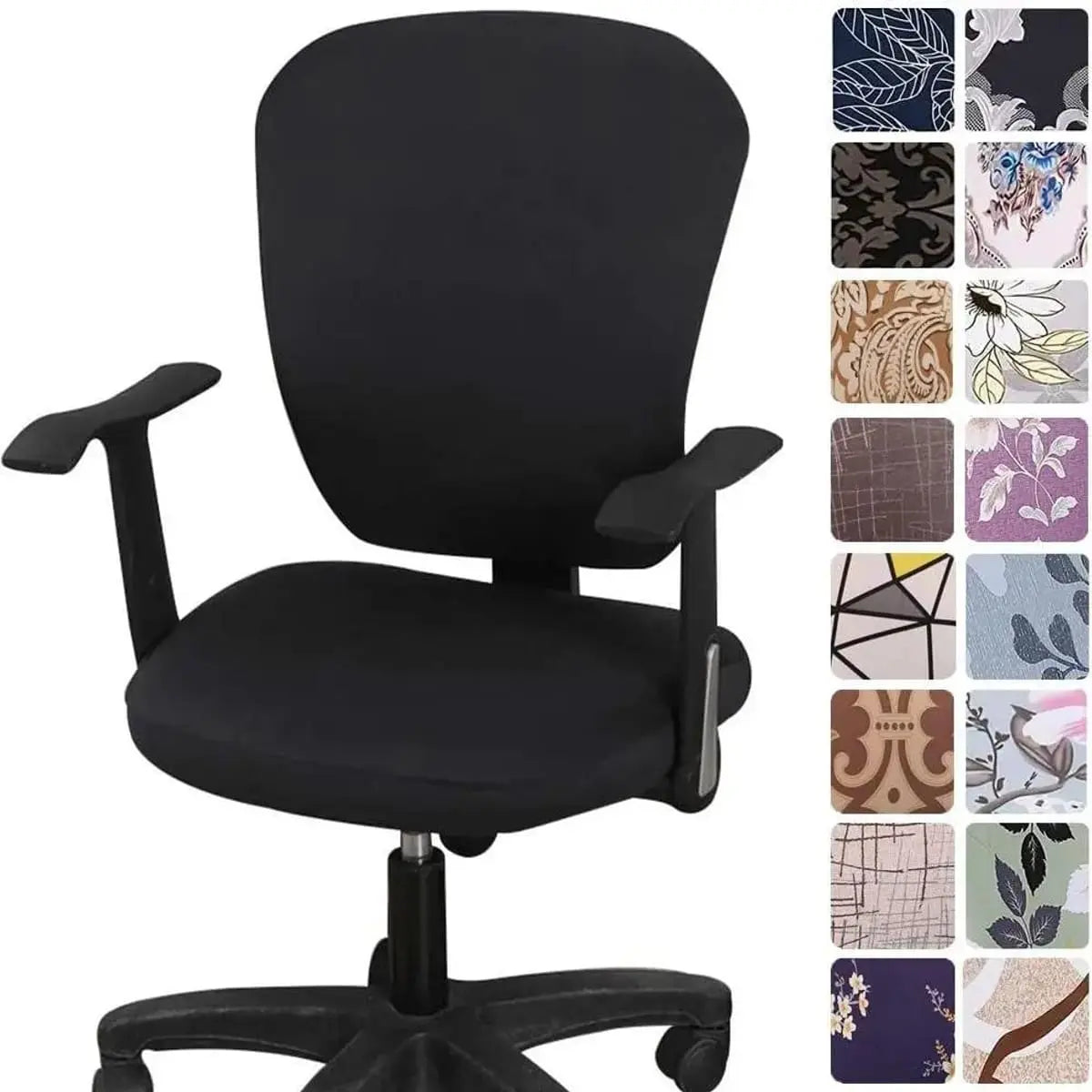 Melaluxe stretchable office chair cover fitting small chairs, in a colorful fabric, designed to protect and style office seating.